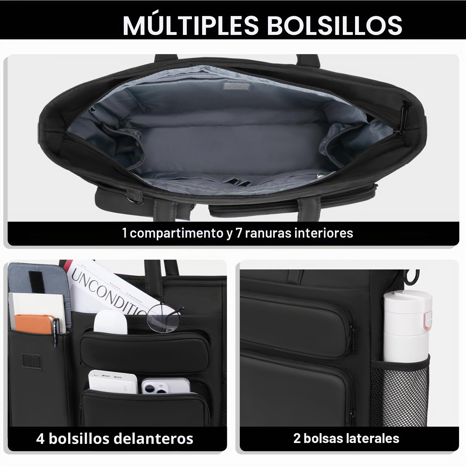 MOSISO Bolso Tote Portátil, Bolso Portátil 15-15,6 Pulgadas | Bolsos Bandolera Gran Capacidad para Ordenador Trabajo Portavasos&Compartimento Portátil&Cinturón Trasero para Trabajo, Negro