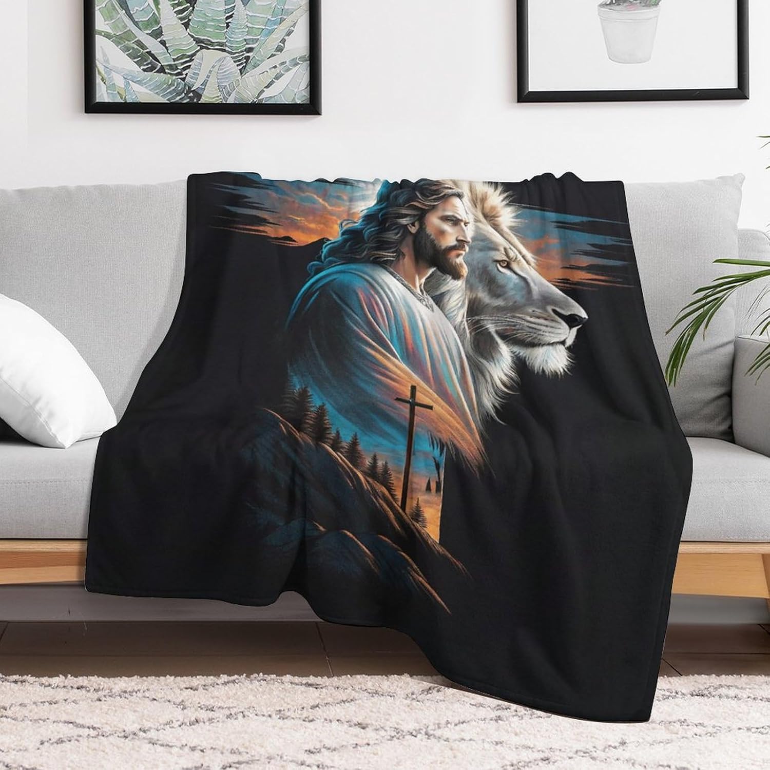 Jesus and The Lion Throw Blanket, Cross Artistic Sense, Soft Touch, Material Technology is Green and Environmentally Friendly, Suitable for Sofa, Study, Bedroom Decoration Blanket 40x50inch