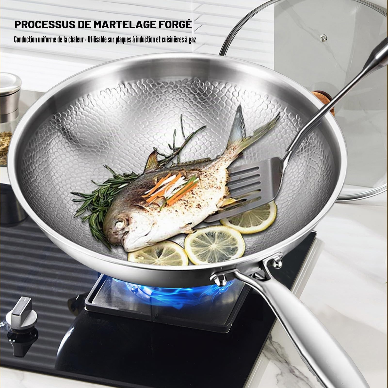 Kouamor Poêle en titane Pro avec couvercle de 25,4 cm/27,9 cm/30,5 cm, poêle à frire en titane, ultra-résistante, anti-rayures, antiadhésive, poêles à revêtement nutritif en titane, multifonctionnelle