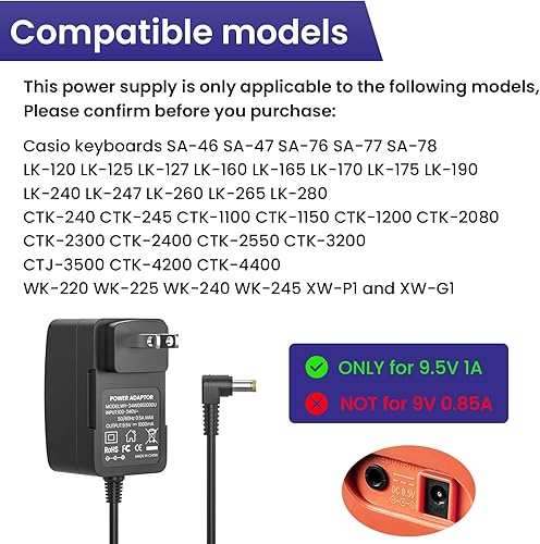Miniatura 2 de Adaptador CACC de 9.5 V para cargador de fuente de alimentación Casio para teclado de piano Casio, solo compatible con los modelos enumerados (cable