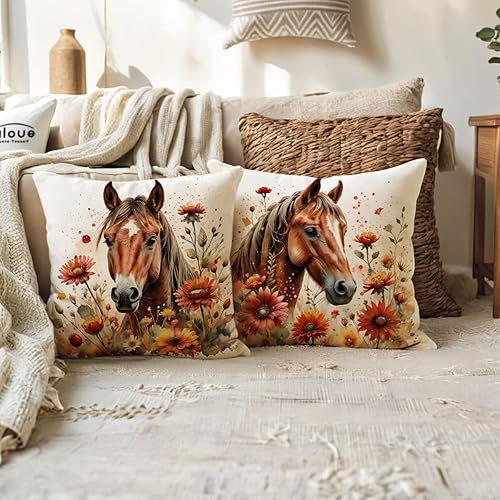 Miniatura 4 de ULOVE LOVE YOURSELF Paquete de 4 fundas de almohada de caballo con flores silvestres, fundas de almohada de caballo en acuarela rústica para