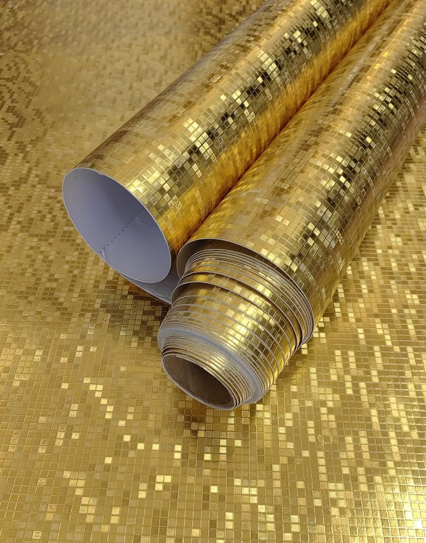 AMINAH DECO Gold Glitter Wallpaper Mosaic Matte Peel and Stick wallcoverings Fabirc Contact Wall Paper Waterproof 20.8"x373.0"