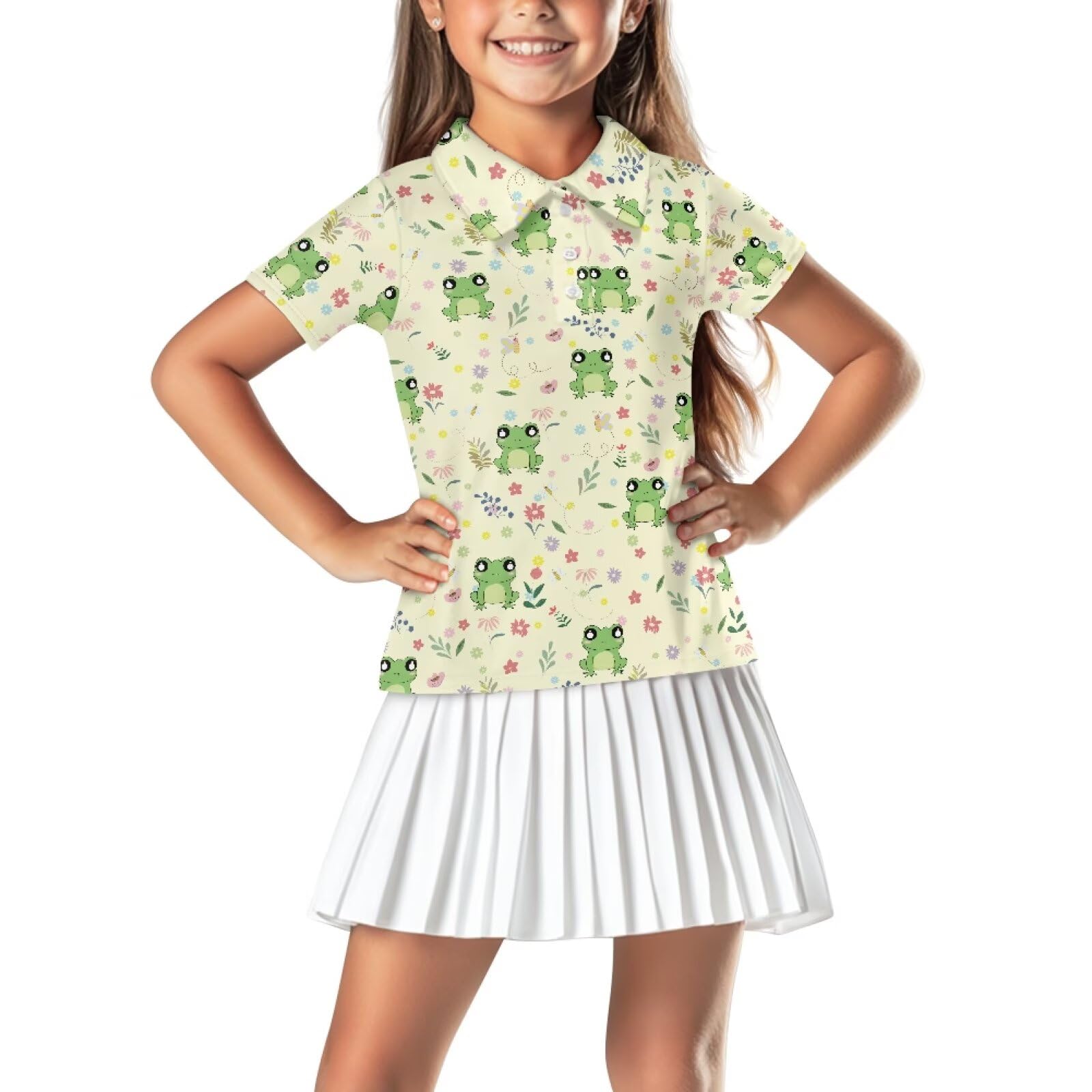 Gzzxiailg Cute Frogs Girls and Boys Golf Polo Shirts Moisture Wicking Golf Shirts Performance Sport Polo Shirts with Button Sun Protection Golf Tennis T-Shirts