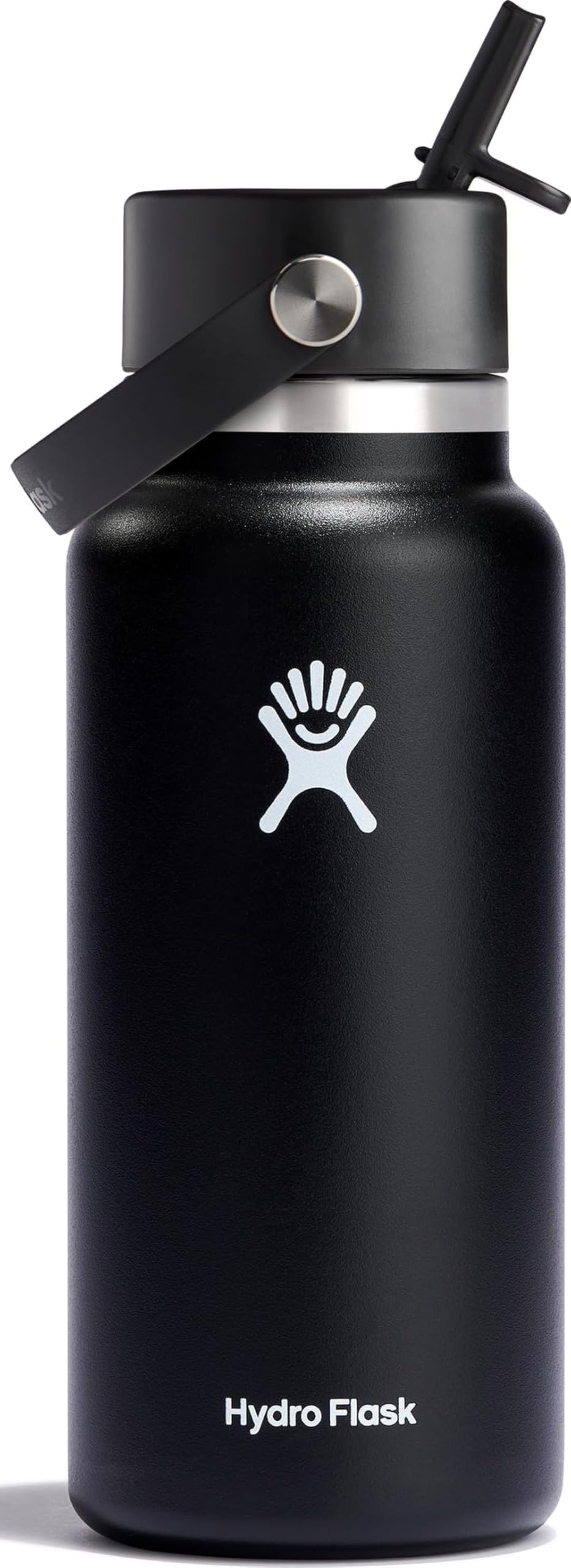 Water Bottle - Insulated Stainless Steel - Wide Straw Lid, Non Spill, Leakproof in 32 Oz Black