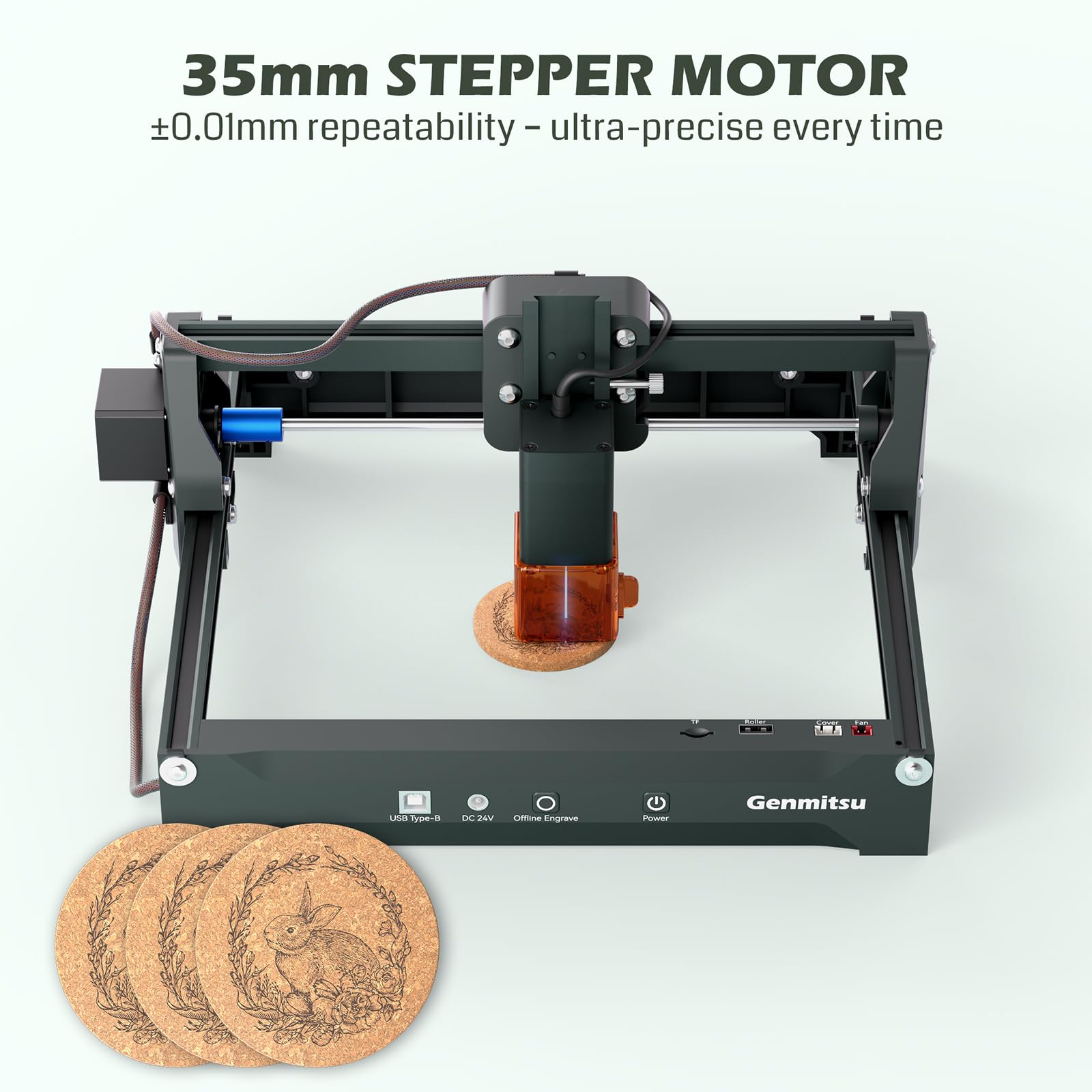 Maszyna do grawerowania laserowego Genmitsu Kortek 2,5 W ±0,01 mm o wysokiej precyzji, 200 x 150 mm, przenośna maszyna do grawerowania drewna, skóry, papieru, liści i włókien. | Plug-and-Play, precyzyjne grawerowanie i cięcie papieru, skóra z dokładnością