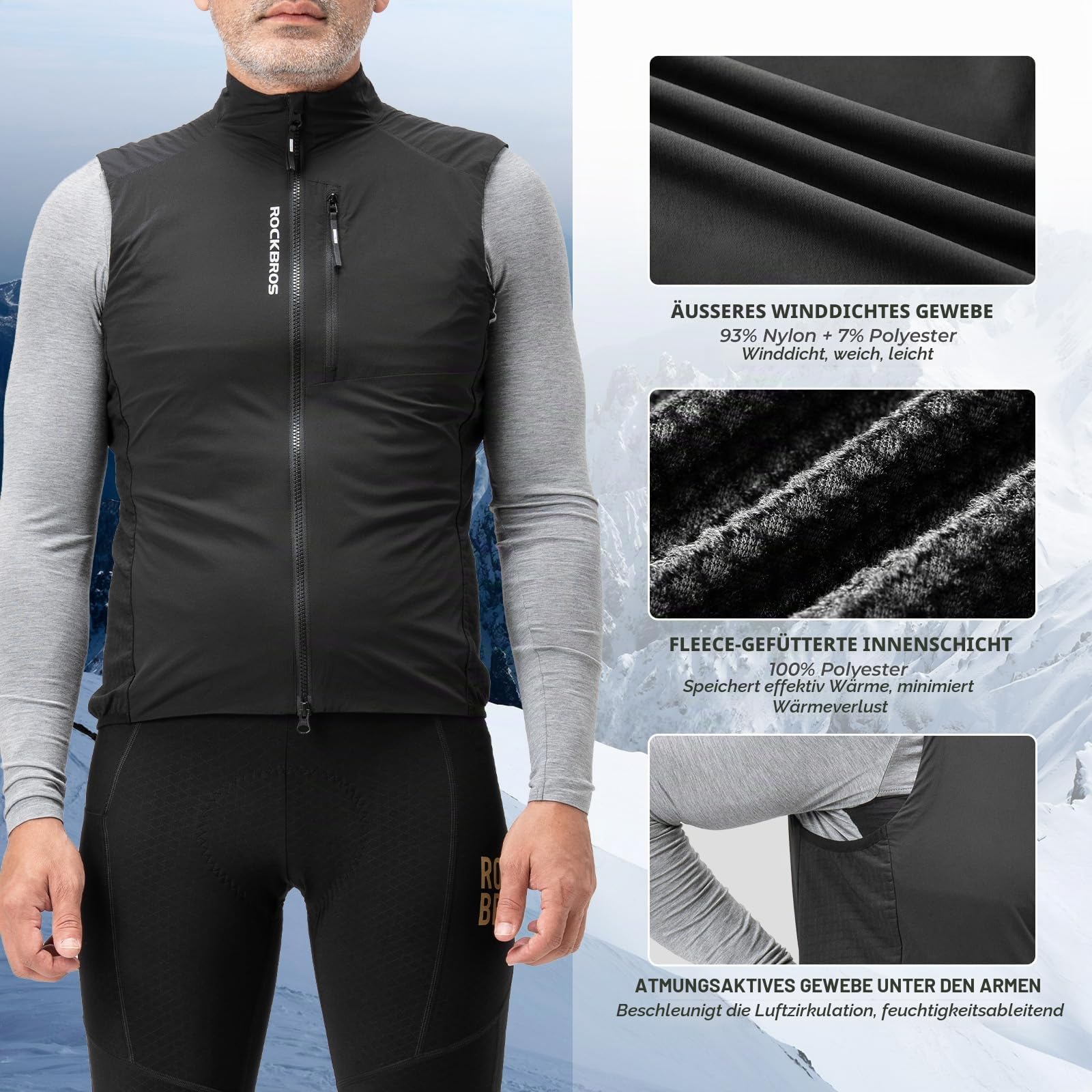 ROCKBROS Fahrradweste Herren Warm Winddicht Atmungsaktive Fahrrad Weste Mit Thermofleece Futter Reflektierend Taschen Faltbar Für Radfahren MTB Laufen Joggen Outdoor Schwarz