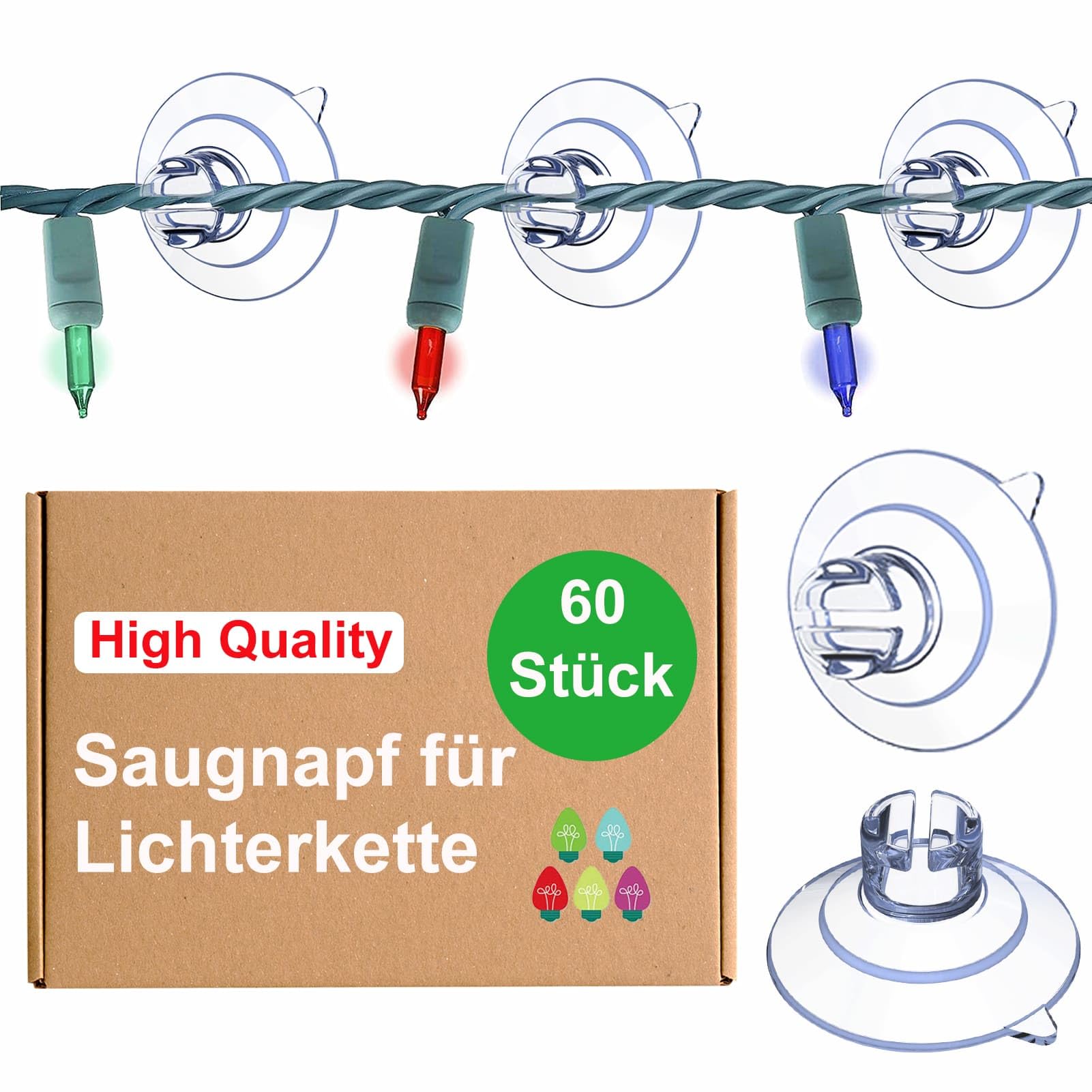 60 Saugnäpfe Für Fenster – Ø 40 Mm, Mit Kabel-Schlitz – Für Lichterketten & Deko, Ohne Bohren