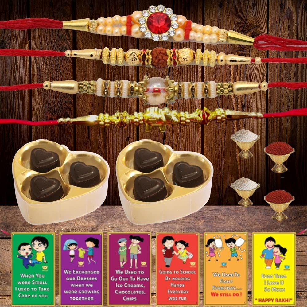BOGATCHIRakhi Chocolates for Brother, 2 Heart Chocolate Box, 3 pcs Each + 4 Rakhi + 2 Roli Chawal + Free Rakhi Card