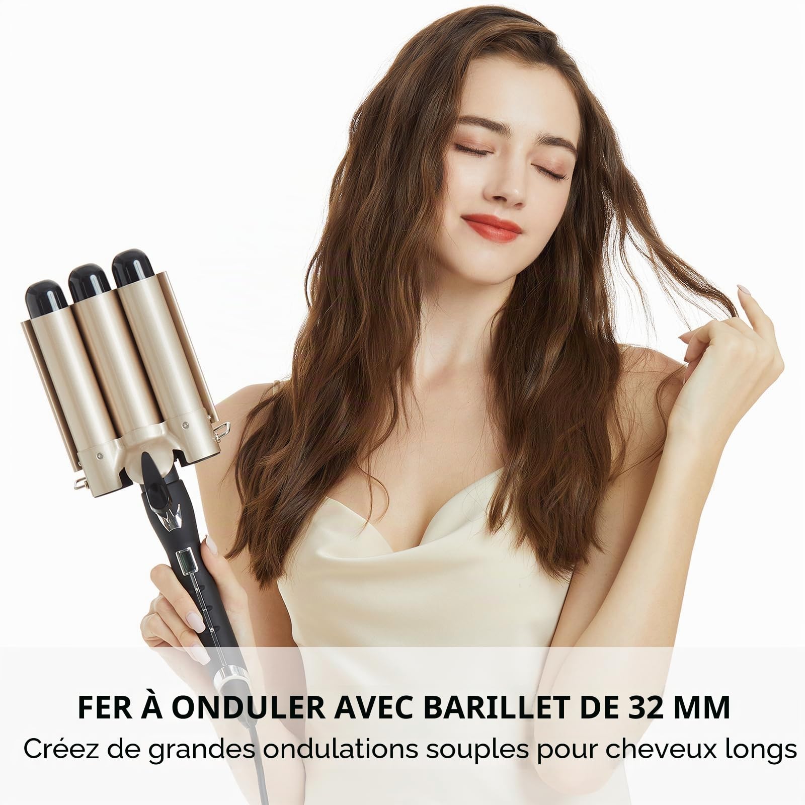 Fer a Boucler 3 Tetes Waver 32mm, AIMERVO GRANDES VAGUES Fer Onduler Wavy 14 Températures à Contrôle de 80⁰C à 210⁰C- Ecran LCD, Revêtement en Tourmaline-Céramique, Chauffage Rapide de 30 Secondes