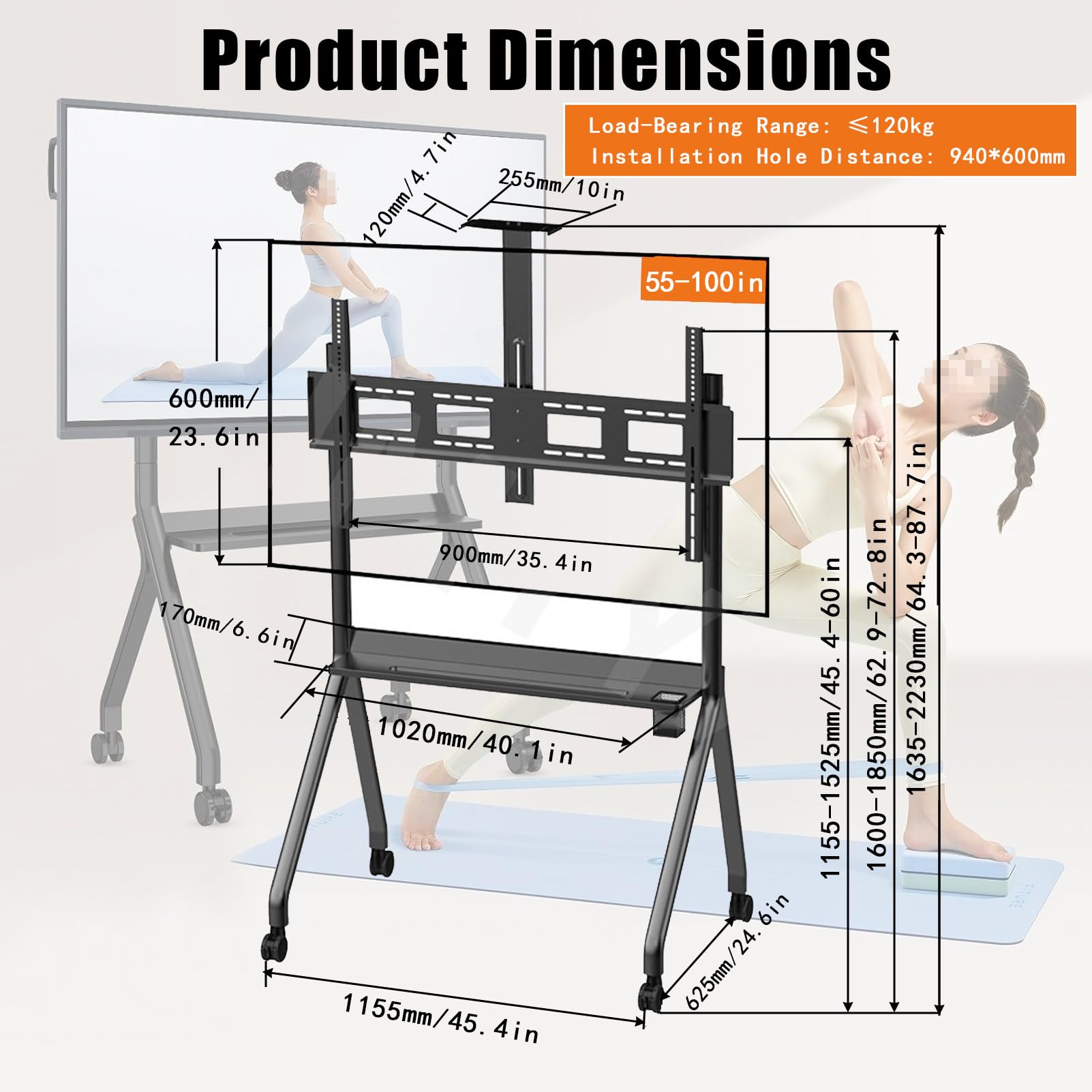 Support TV pivotant universel avec roulettes verrouillables et gestion des câbles, pour loisirs à la maison et divertissement 139,7-254 cm, 254 cm-55 cm