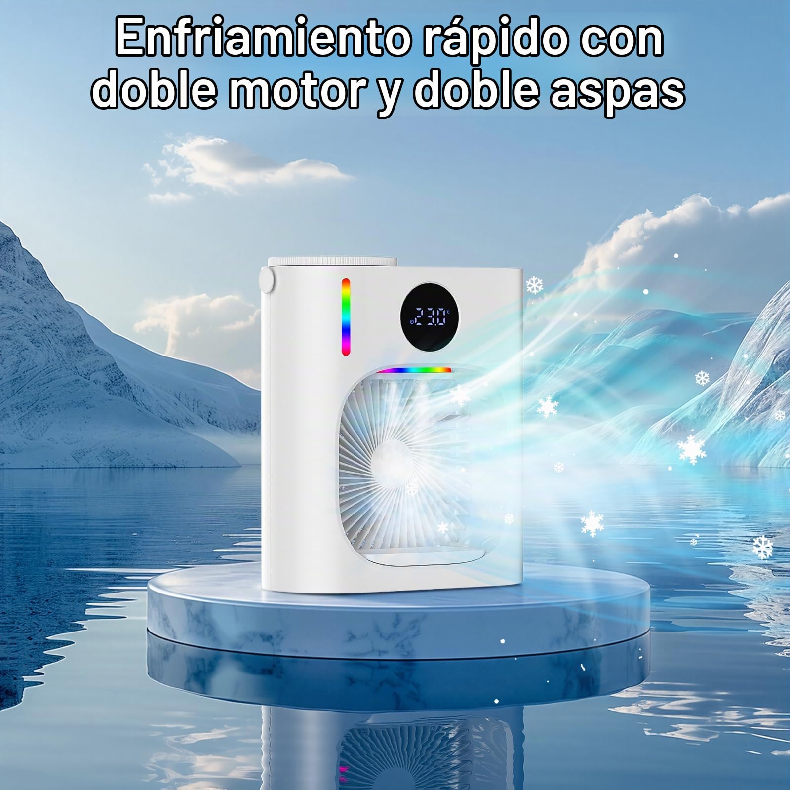 Aire Acondicionado Portatil de 900ML,4 en 1 Mini Refrigerador de Aire Móvil Ventilador,USB Mini Enfriador de Aire con 3 Velocidades Luz RGB para Dormitorio y Espacios Pequeños