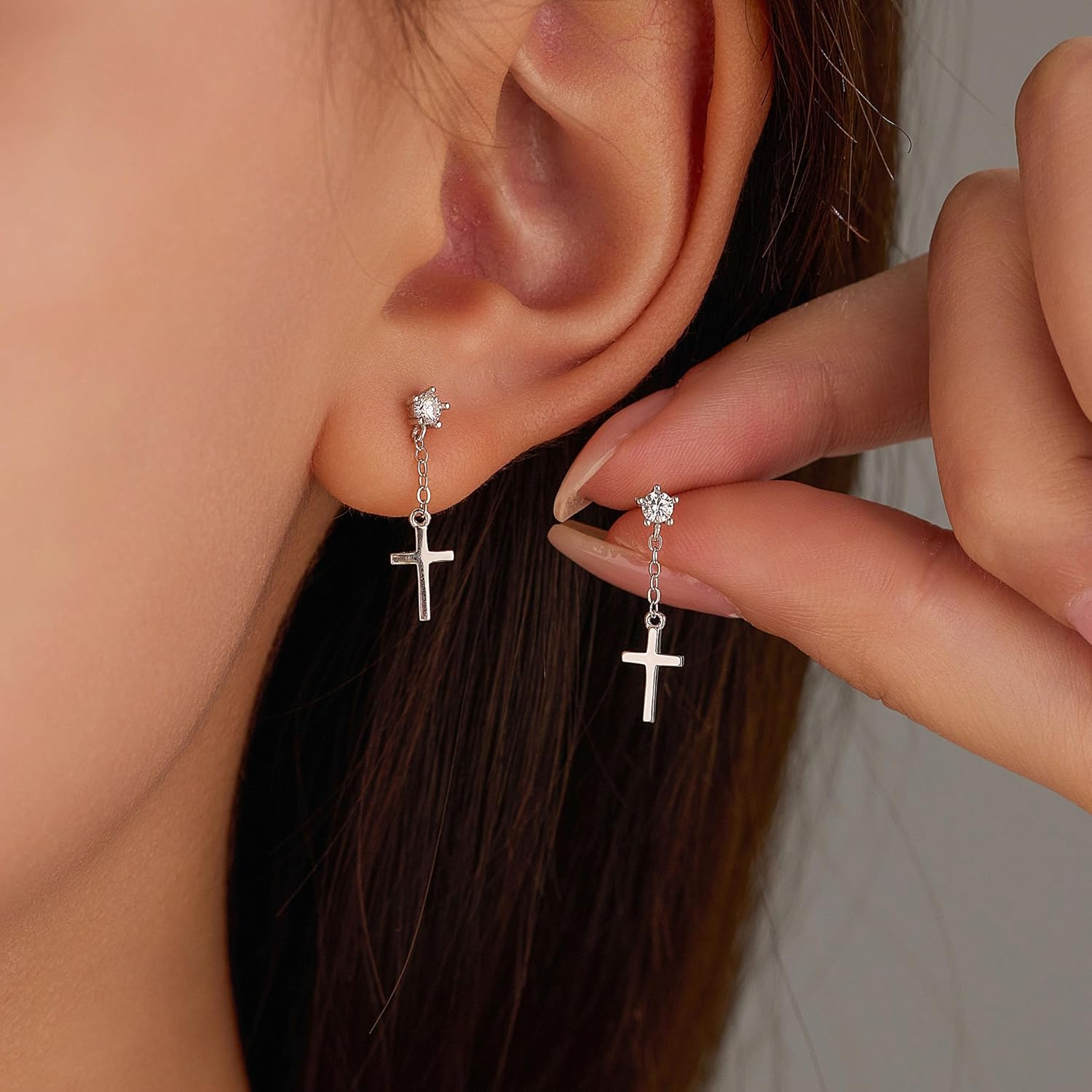 925 Sterling Silver Cross Hoop Dangle Earrings for Women Mother 14K Gold Plated Dangle Cross Tassels Earrings Cubic Zirconia Cartilage Hypoallergenic Drop Christian Halloween Wedding Jewelry Gift - Image 2