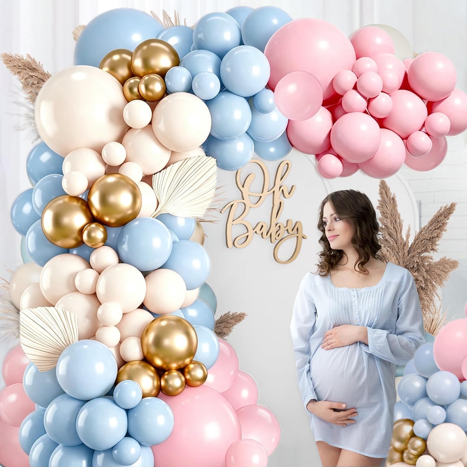 Gender Reveal - Kit per arco di palloncini, rosa e blu, palloncini metallizzati oro sabbia bianca per ragazzo e ragazza, rivelazione di genere, bohémien, addio al nubilato, compleanno, baby shower