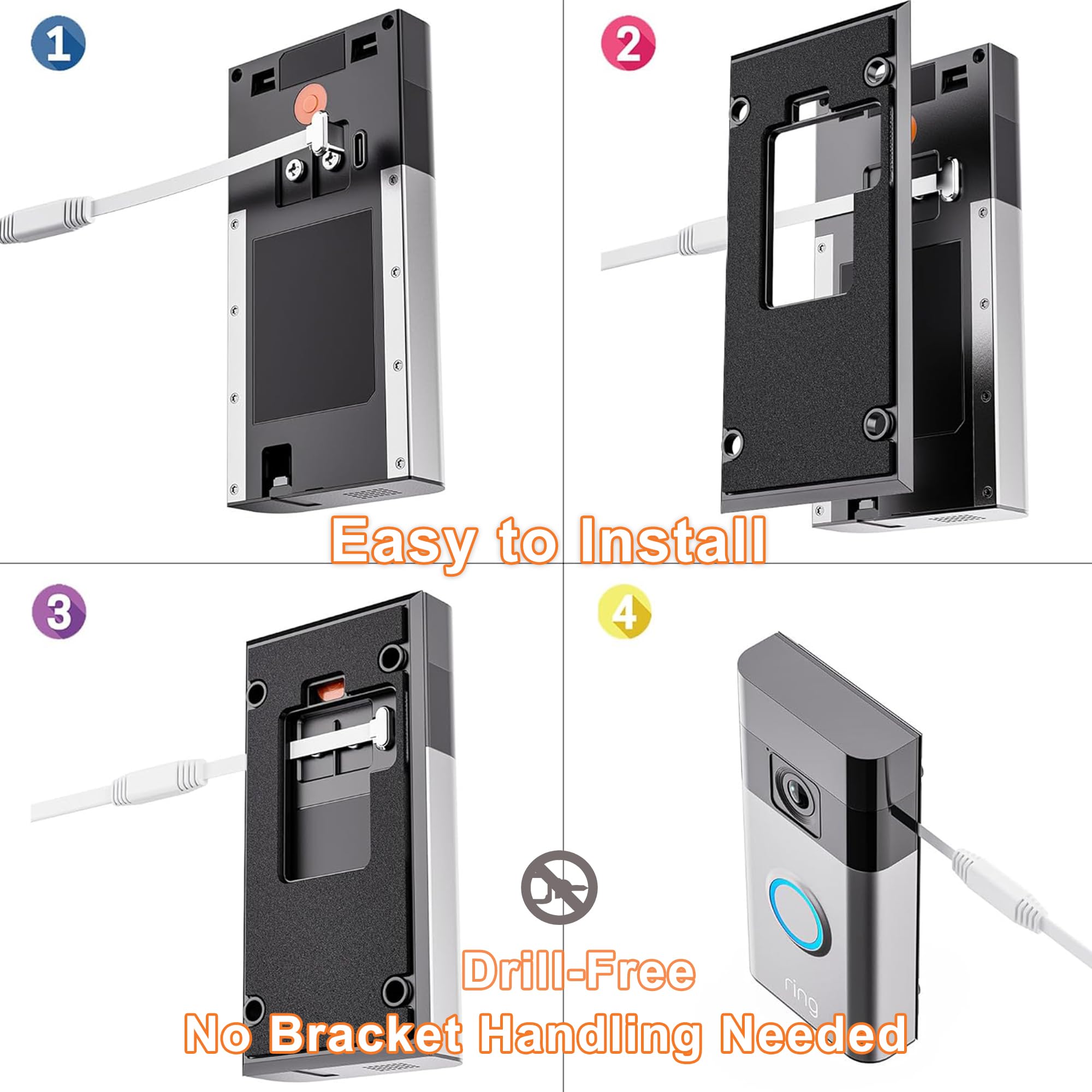 Panneau solaire 3W avec batterie 4000mAh intégrée, port USB-C,IP65, câble de chargement de 13,2 pieds,compatibilité parfaite avec la sonnette Ring Battery Doorbell (2024 Release), pas besoin d'enlev
