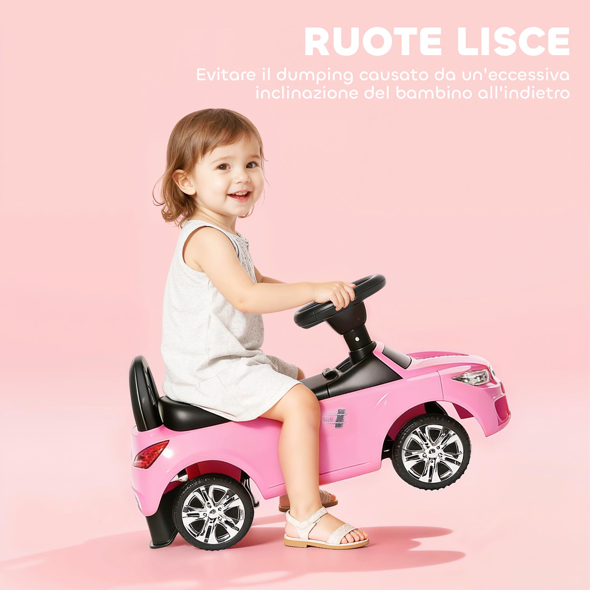 HOMCOM Coche Correpasillos para Niños de 18-36 Meses Andador Correpasillos con Faros Música Bocina Volante Espacio de Almacenaje y Asa para Empujar 63,5x28x36 cm Rosa