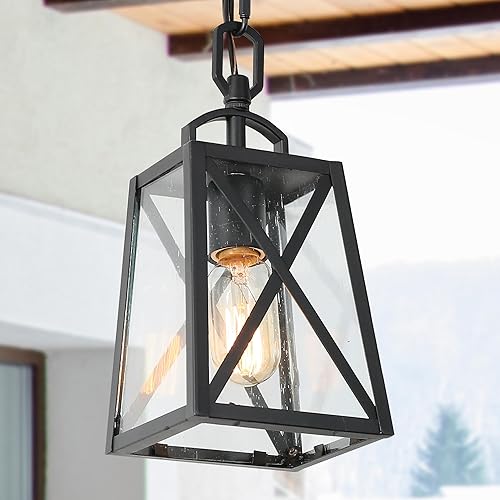 Lámpara colgante para exteriores, luces colgantes antioxidantes exteriores de granja, luz de techo negra para exteriores con vidrio sembrado,