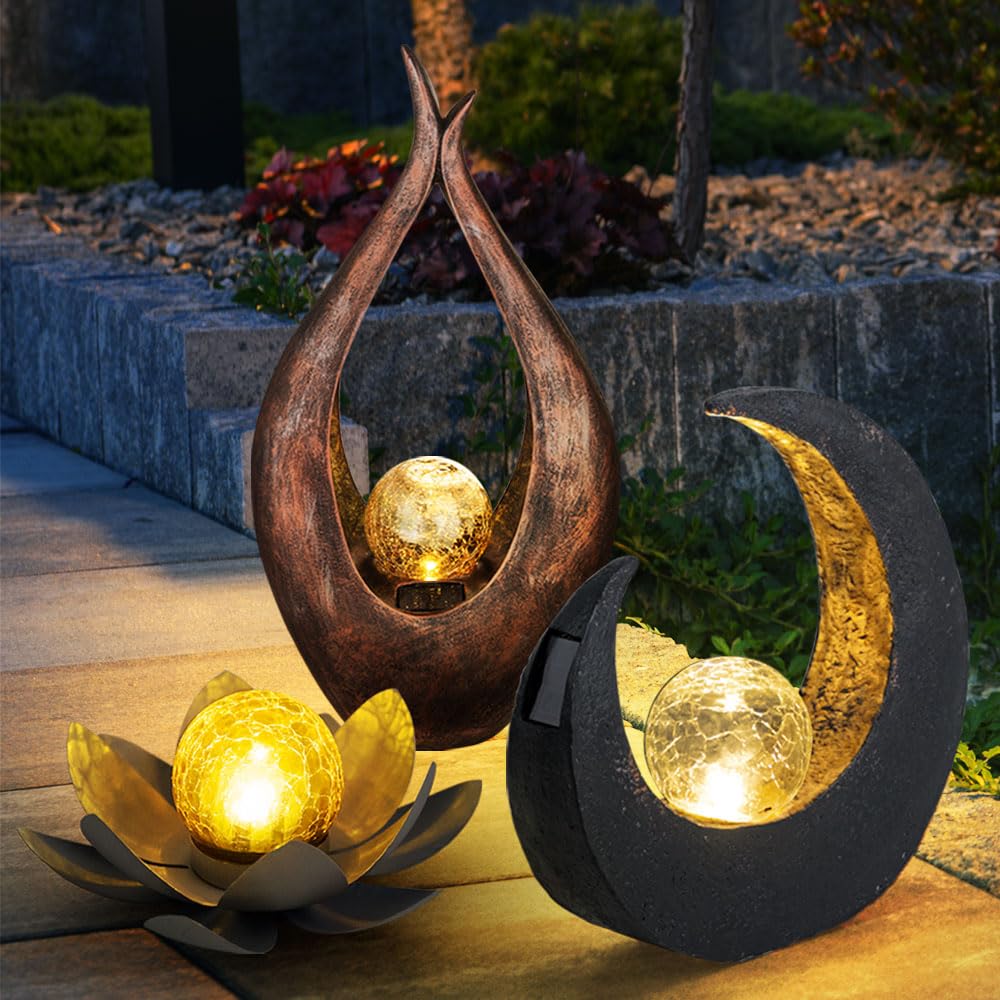 3x LED Solar Außen Lampen bronze Glas Kugel Garten Weg Boden Mond Sichel Steh Leuchten schwarz braun