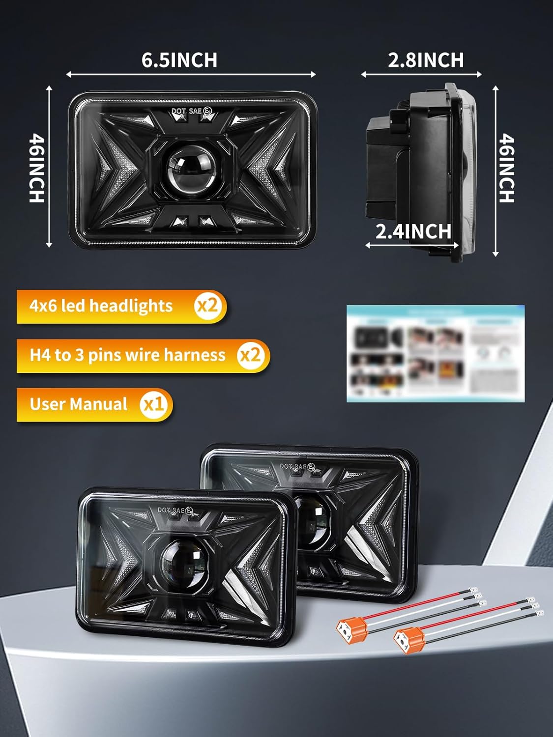 MAYELLO 2 PCS DOT Approved 4x6 Inch LED Headlights with DRL Amber Turn Signal Light Replacement H4651 H4652 H4656 H4666 H6545 Compatible with Peterbilt Kenworth Freightliner