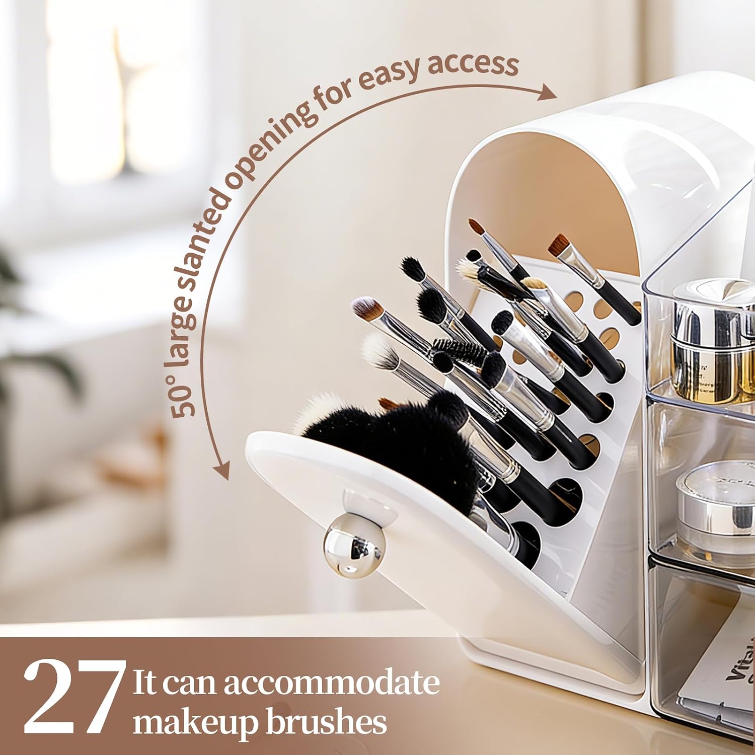 27 Slot Countertop Makeup Organizer with Brush Holder, 3-Tier Multifunctional Makeup Storage Organizer for Vanity, Fits Brushes & Large Cosmetics, Detachable & Easy to Clean