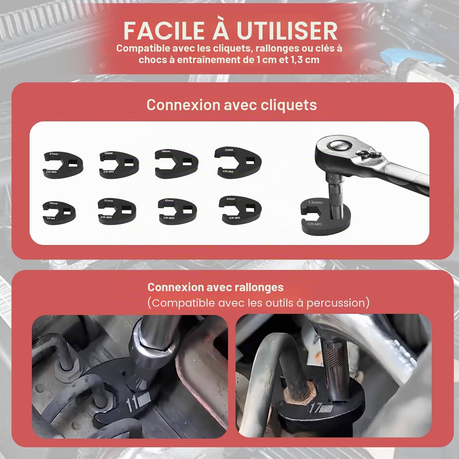 Jeu de 19 clés à pied de coq - Clé à molette - Clé à fourche - Clé plate - Entraînement carré extérieur 1/2" 3/8" - 8-32 mm - Acier CR-MO métrique