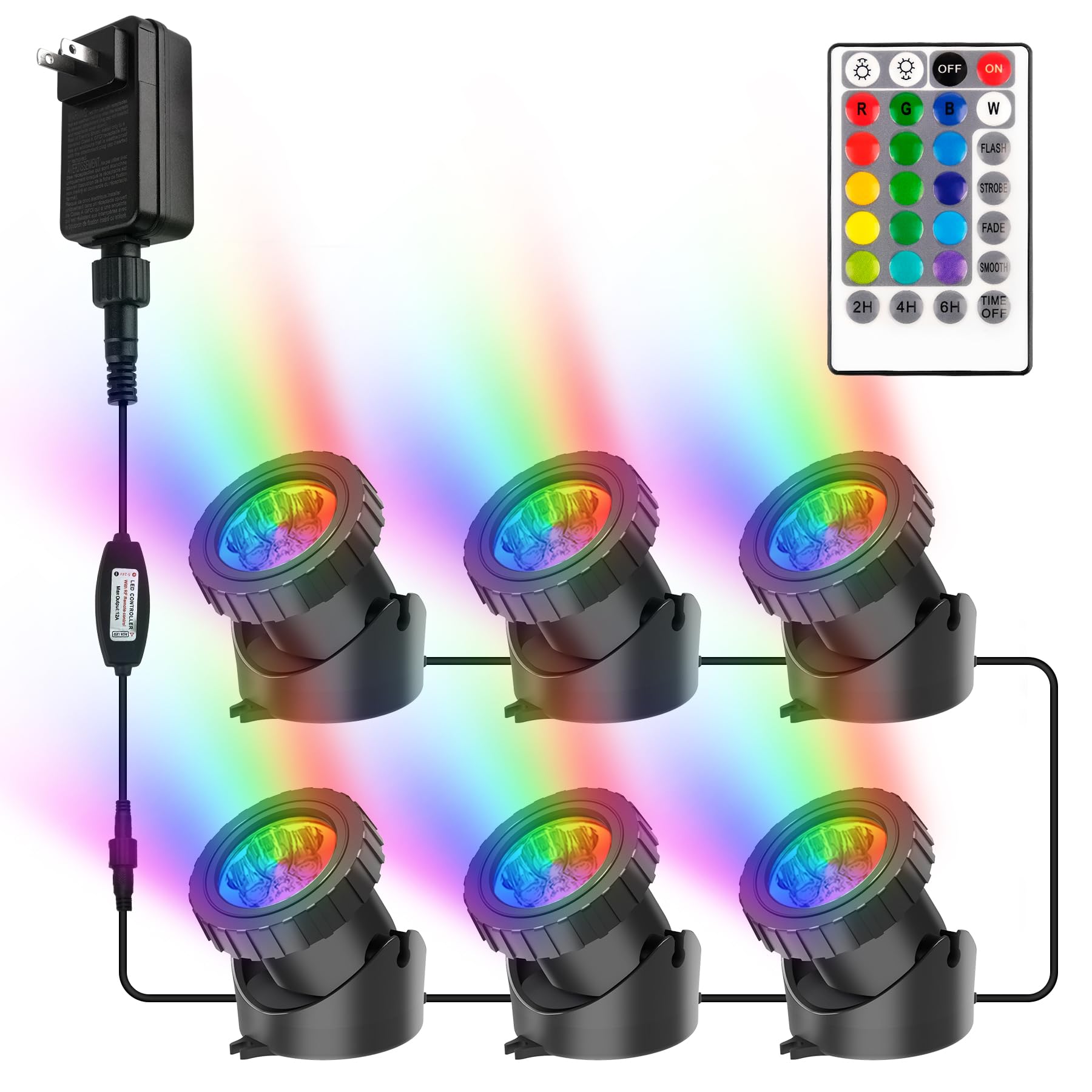 RGB Pond Lights with Timer, LED Underwater Submersible Colorful Landscape Spotlights, 98ft Remote Control IP68 Waterproof Fountain Lights for Fish Aquarium Tank Garden Yard Pool (Set of 6)
