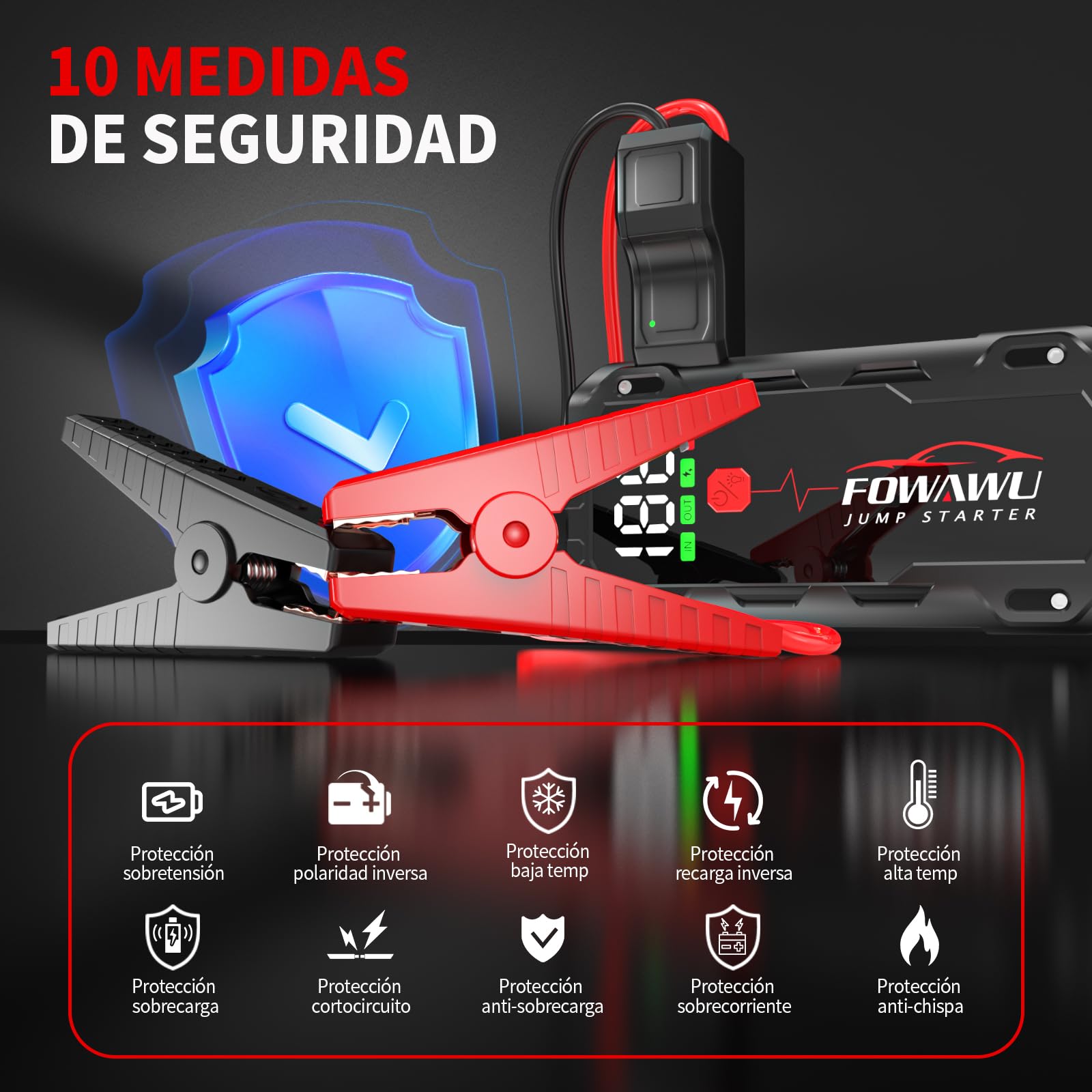 FOWAWU 7000A Arrancador de Baterias de Coche, 26800mAh Jump Starter(para 12L de Gasolina o 10L de Diésel) con Linterna LED de Emergencia, Espera Larga, Carga Rápida, QC 3,0