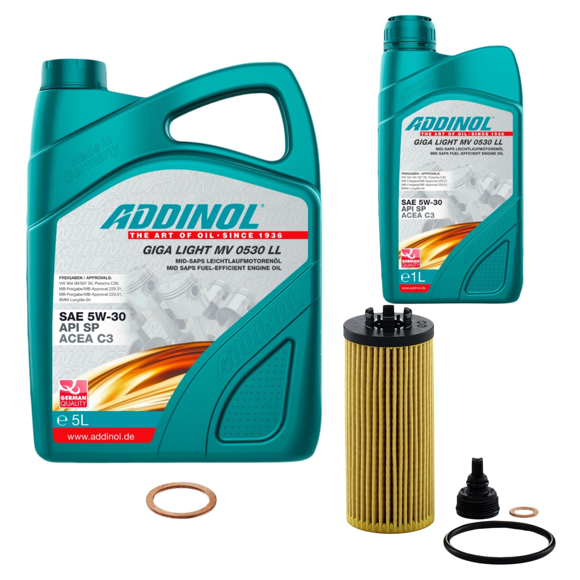 Inspektionspaket Filterset erstellt mit 6 Liter Motoröl GIGA LIGHT MV LL 5W-30 Ölfilter Dichtring