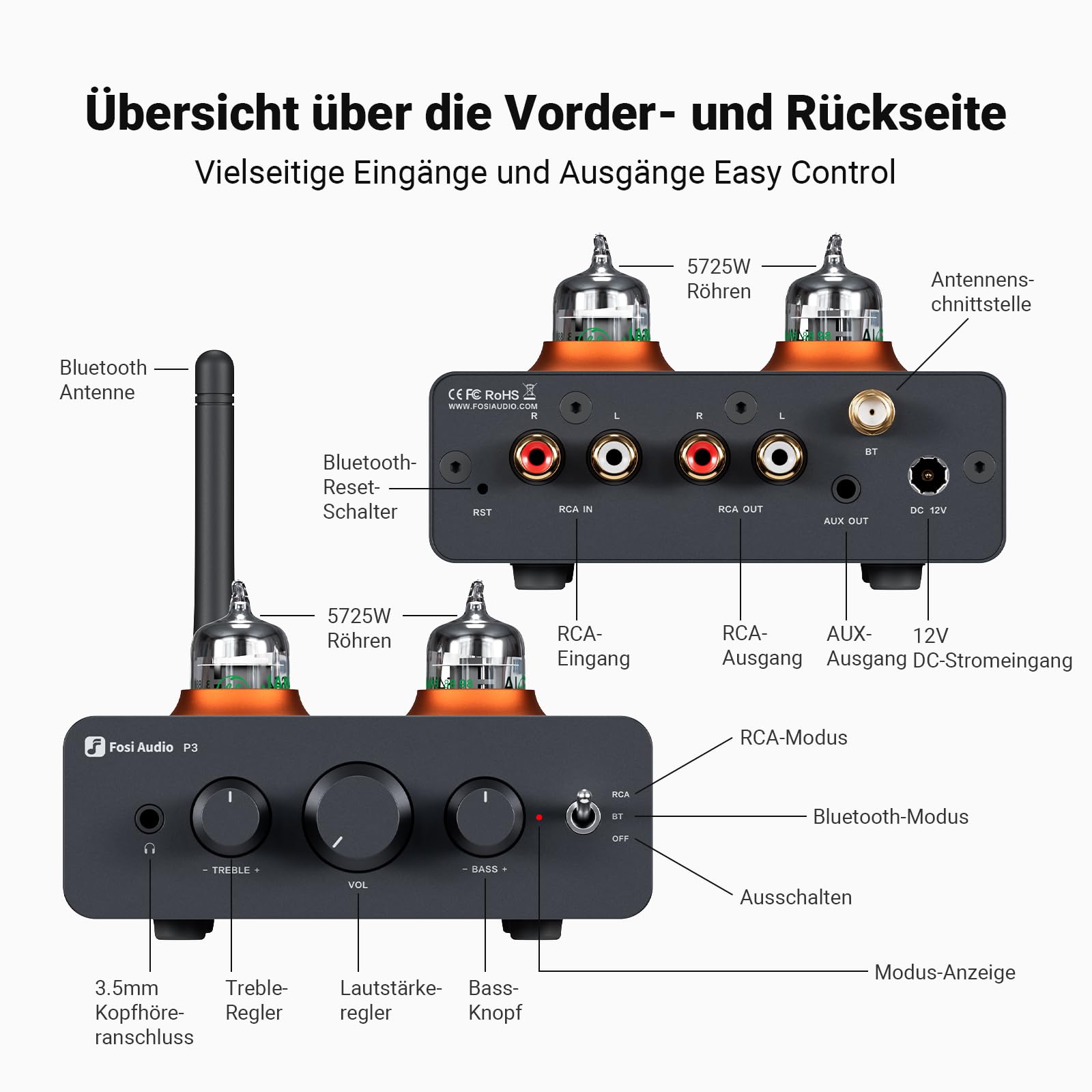 Fosi Audio P3 Hi-Fi Röhren Vorverstärker, Home Audio Mini Röhrenverstärker & Kopfhörerverstärker, Bluetooth 5.1 aptX-LL & aptX-HD, Bass & Treble Reglern für Hi-Fi Stereo Aktivlautsprecher, RCA & AUX