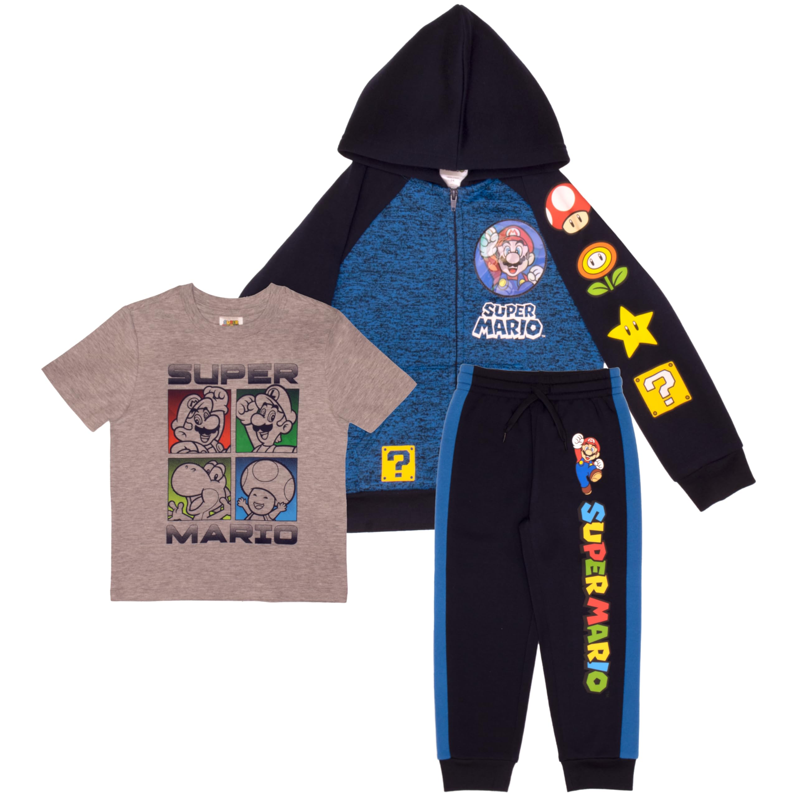 Nintendo Super Mario Videospiel 3-teiliges Set Jungen Kurzarm T-Shirt Zip Up Hoodie Jogger Pants 3-Pack Bundle Set