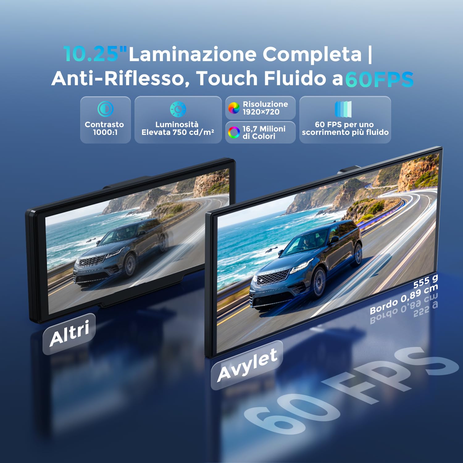 Avylet Schermo CarPlay da 10,25" con BSD AI Posteriore, Dash Cam Doppia 4K, Apple CarPlay e Android Auto Wireless, 60FPS 1920×720, Mirror Link, GPS, Navigazione, Controllo Vocale, Scheda TF 64GB