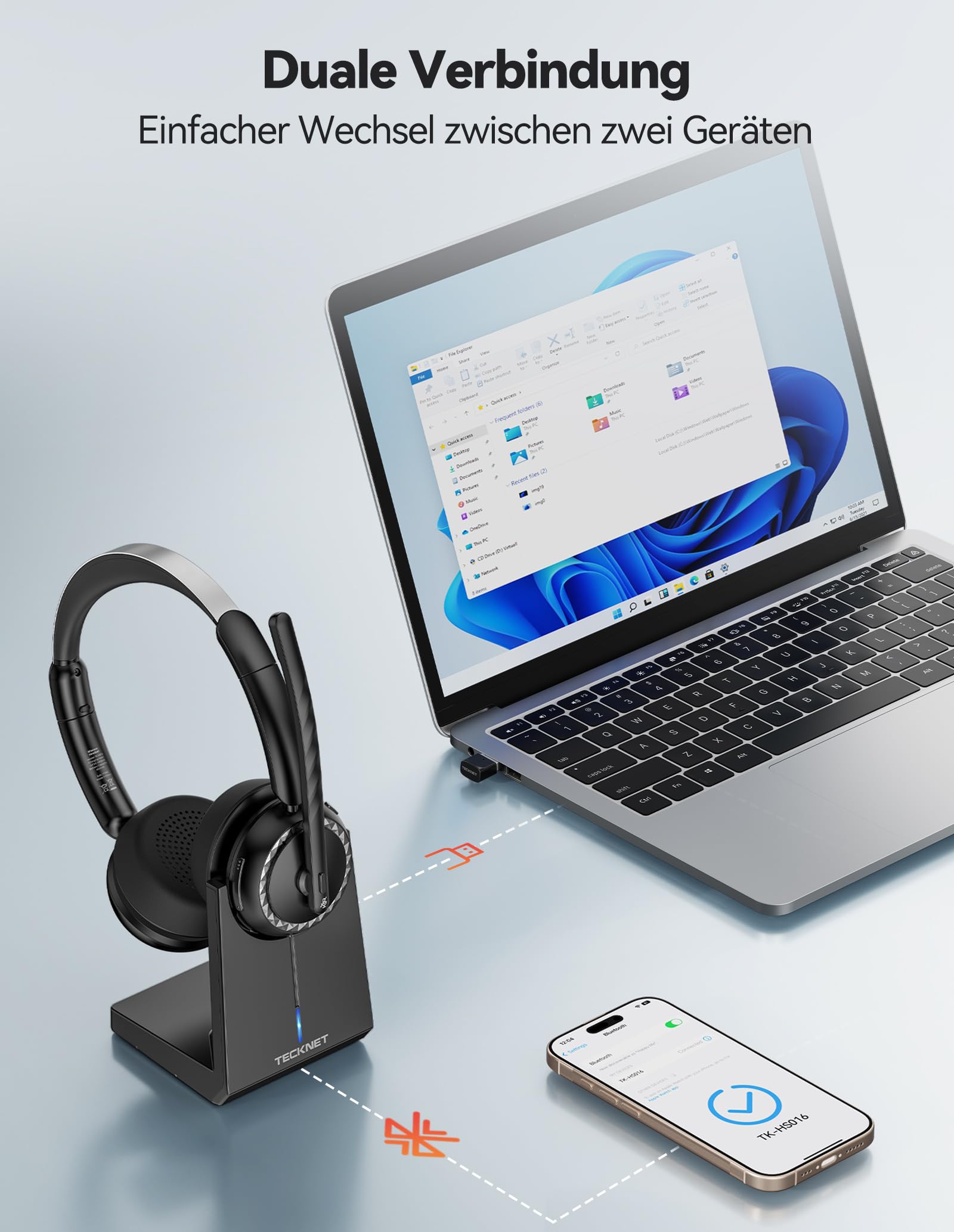 TECKNET V5.3 Bluetooth Headset mit Mikrofon, Wireless Headset mit AI Noise Cancelling Mikrofon, Ladestation, USB-Dongle, 55+ Std. Akku, Wiederaufladbar On-Ear Kopfhörer für Büro, Home, Callcenter