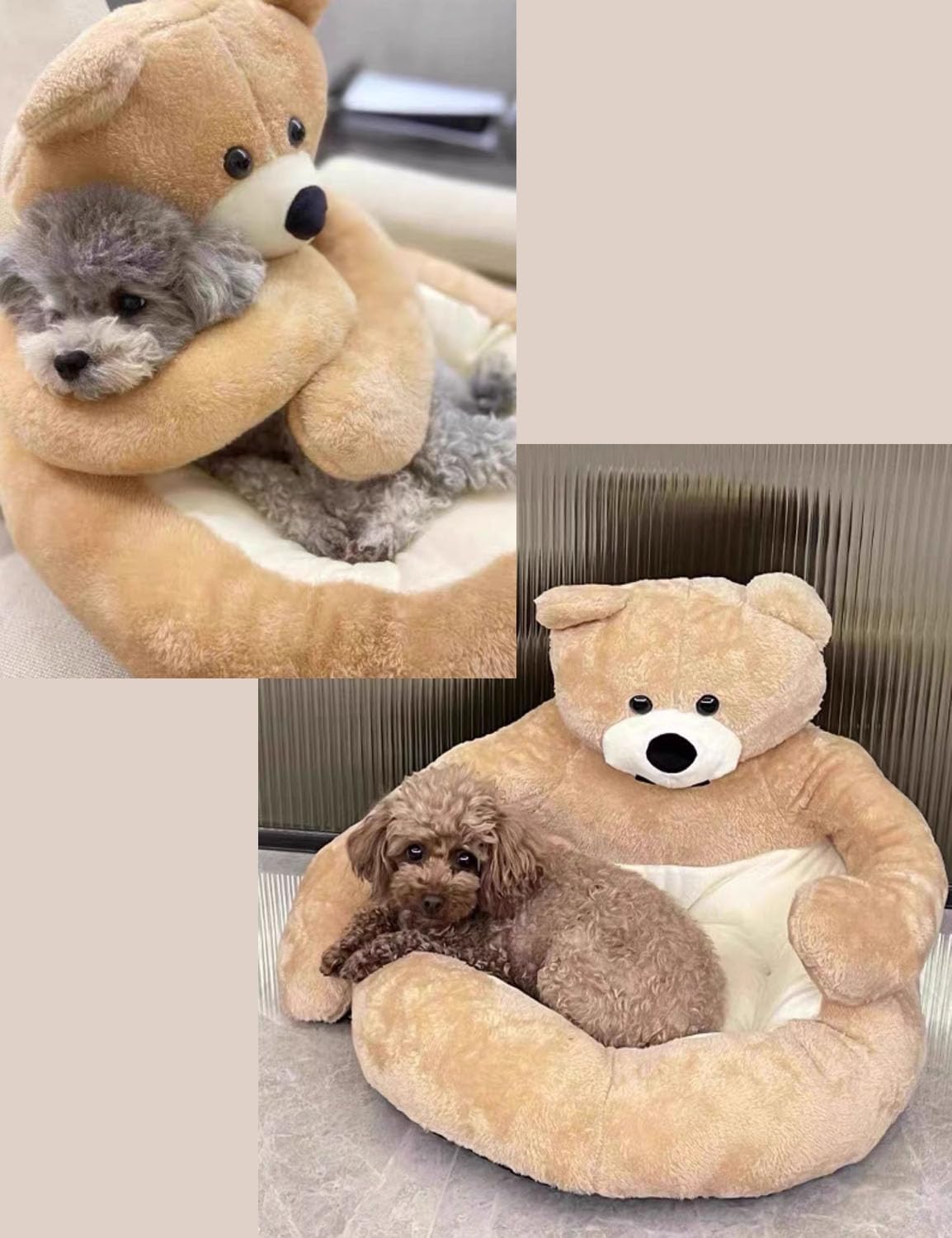Teddybär-Hundebett – Plüsch-Haustier-Sofa für kleine Hunde und Katzen, 2025 Upgrade mit Armen und abnehmbarer Kühlmatte, waschbares, flauschiges Welpenbett mit rutschfester Unterseite (Beige, XL: 77