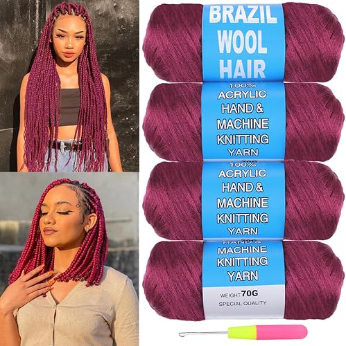 COOKOO 4 Roll Brazilian Wool Yarn for Crochet, Jumbo Braids, African Braids, Knitting, Dreadlocks, Faux Locs, Box Braids - 70G/Roll (Purplish Red#)
