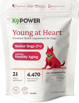 K9Power Young at Heart Senior Dog Supplement for Longevity & Vitality Supports Joints, Brain, Heart, Digestion, Skin & Energy Amino Acids, Vitamins, Minerals, CoQ10, Omega 3s, Turmeric