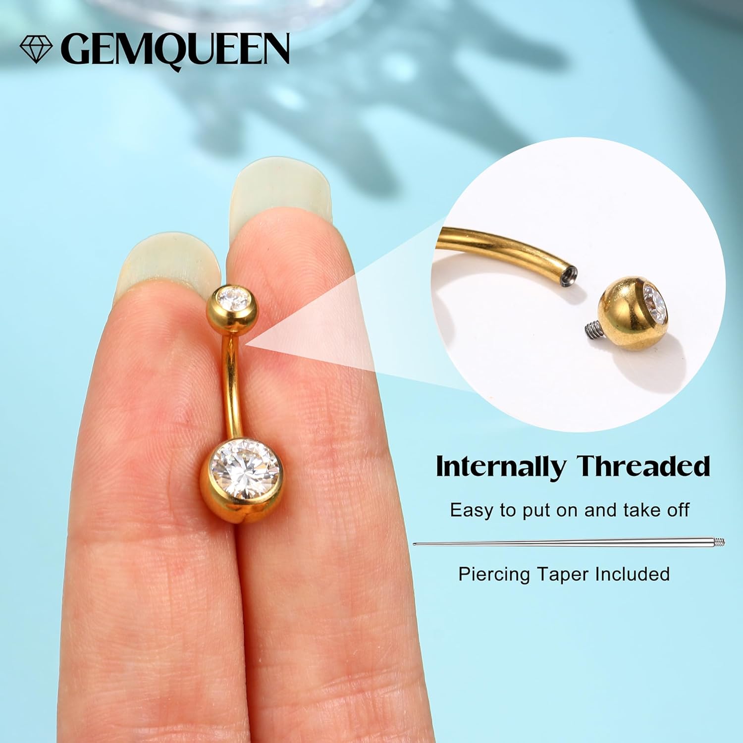 Moissanite & G23 TItanium Belly Button Ring 18K Gold Plated Hypoallergenic Internally Threaded Belly Rings 14G Navel Piercing Jewelry For Women Men D Color VVS1 Clarity Brilliant Cut - Image 5