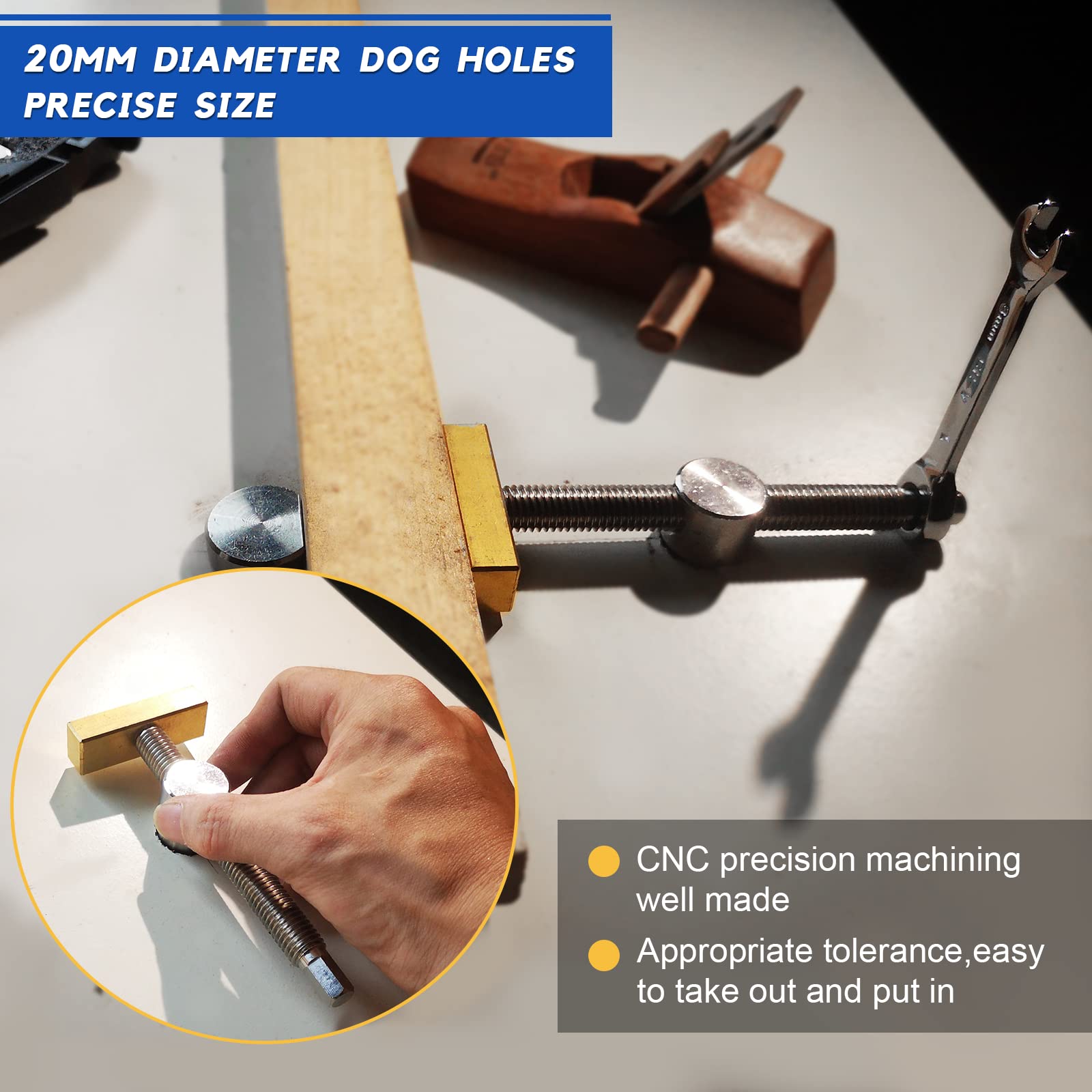Werkbank Klemme, 2pcs Bankhaken 20mm Schraubenschlüssel-Hundeklemmen-Holzbearbeitungswerkzeug mit 4 Bench Dogs- DIY-Positionierung Niederhalter 20mm