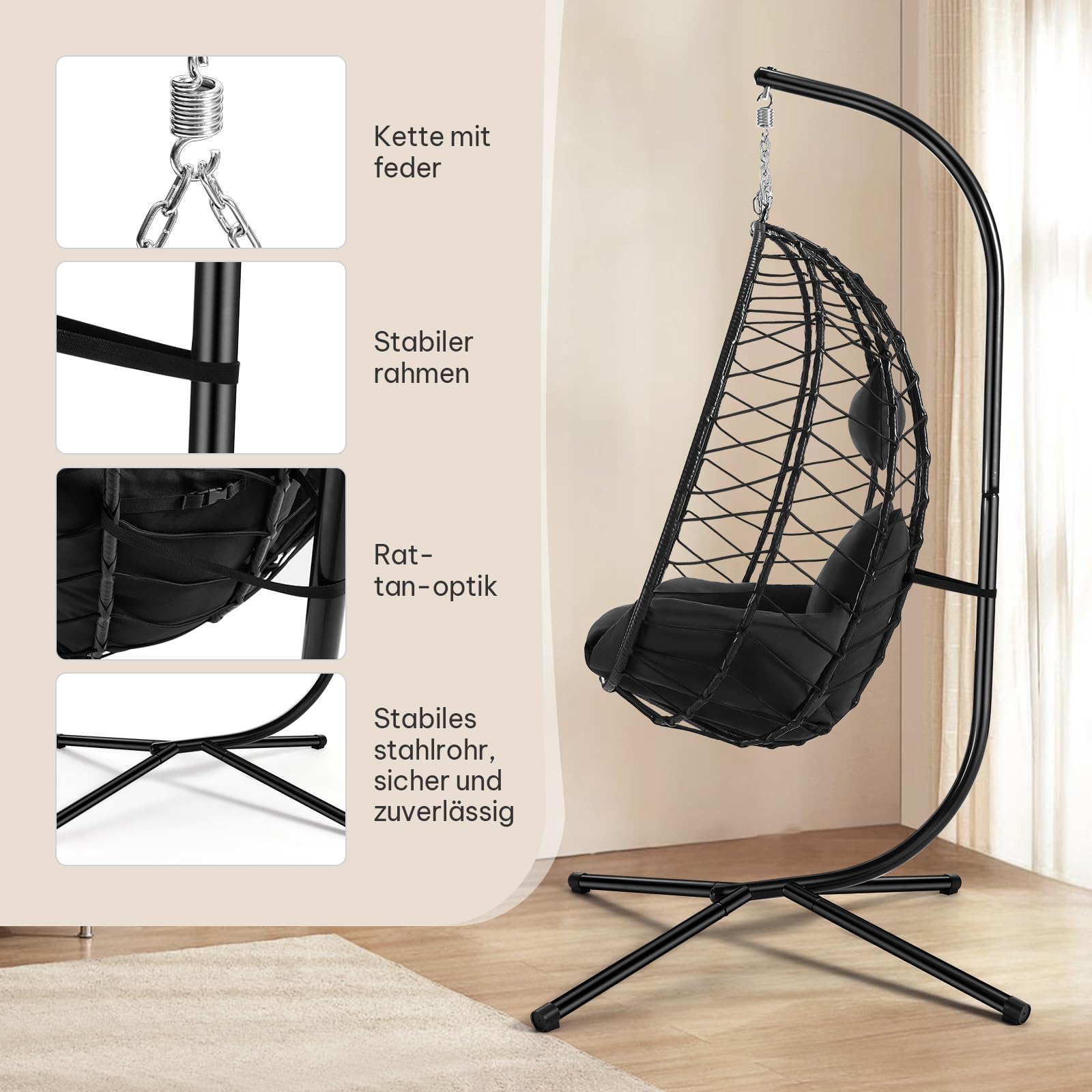 Laneetal Hängesessell mit Gestell Outdoor und Indoor, 150 kg Tragfähigkeit, PE-Rattan, Metallgestell, für Garten, Balkon, Terrasse, Wohnzimmer, 102 x 196 x 100 cm, Anthrazit