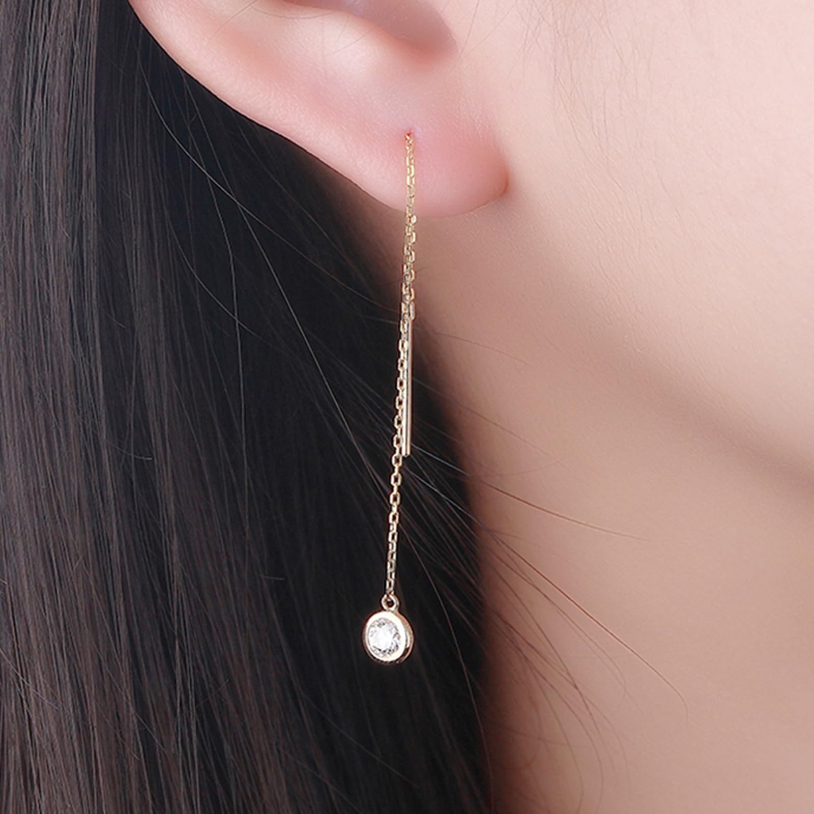 Lange Ohrringe Gold 375/585/750 Damen, Kette Ohrringe Frauen mit Erstellter Diamant, Hochzeit Echtschmuck