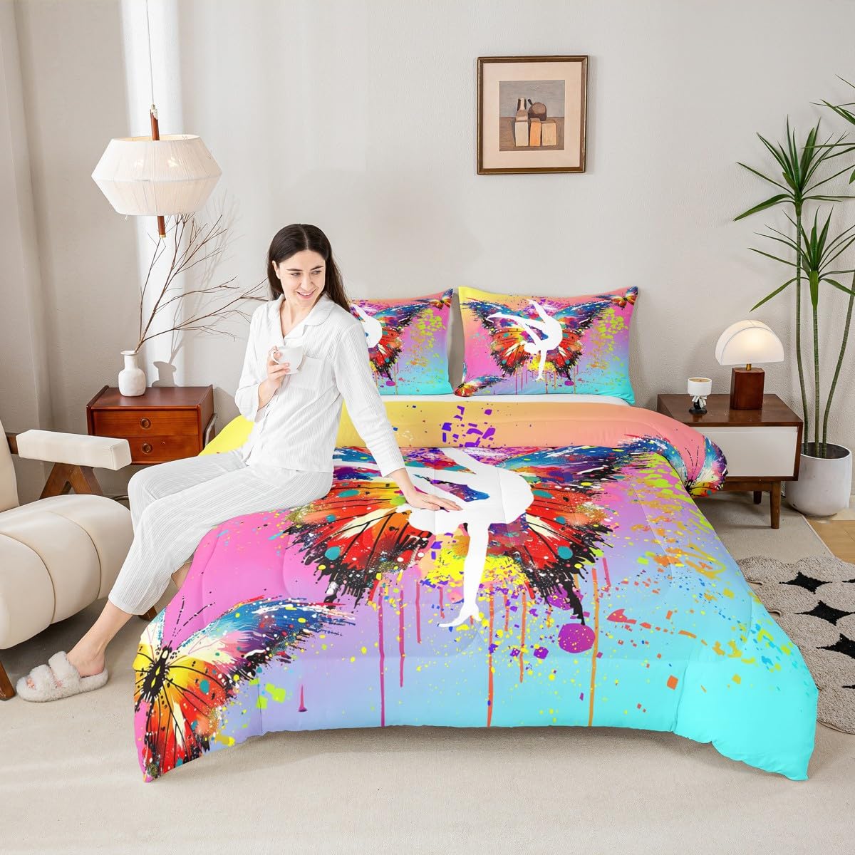Tie Dye Comforter Set Twin Size 2PCS Gymnastics Bedding Comforters Fashion Watercolor Graffiti Butterfly Four Seasons Duvet Quilt for Kids Teen Girls Girly Boys Bedroom Decorative