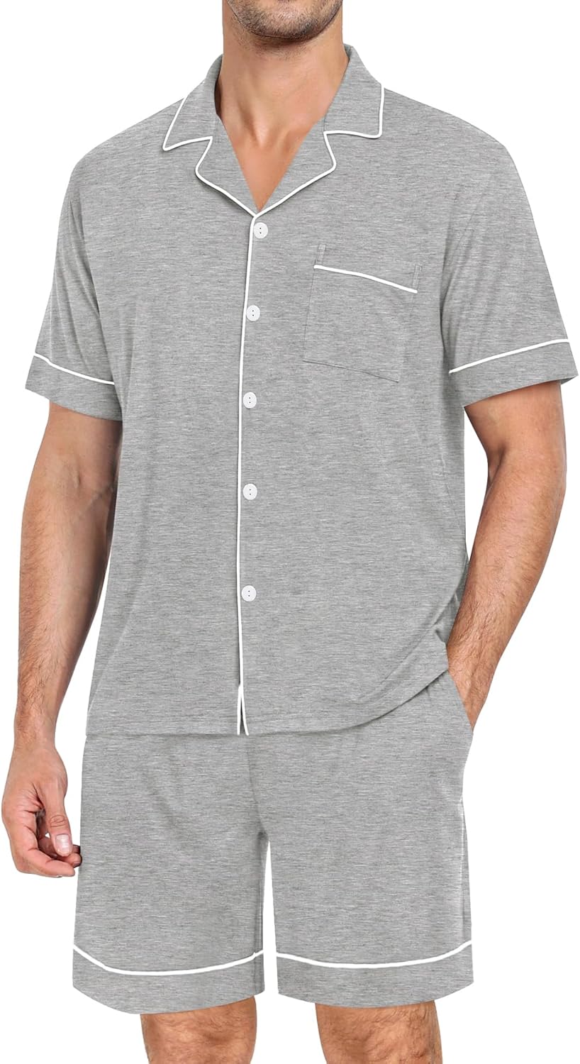 SWOMOG Mens Pajama Set Short Sleeve 2 PCS Sleepwear Button Down Soft Loungewear Modal Set Pj Set with Pockets S-3XL
