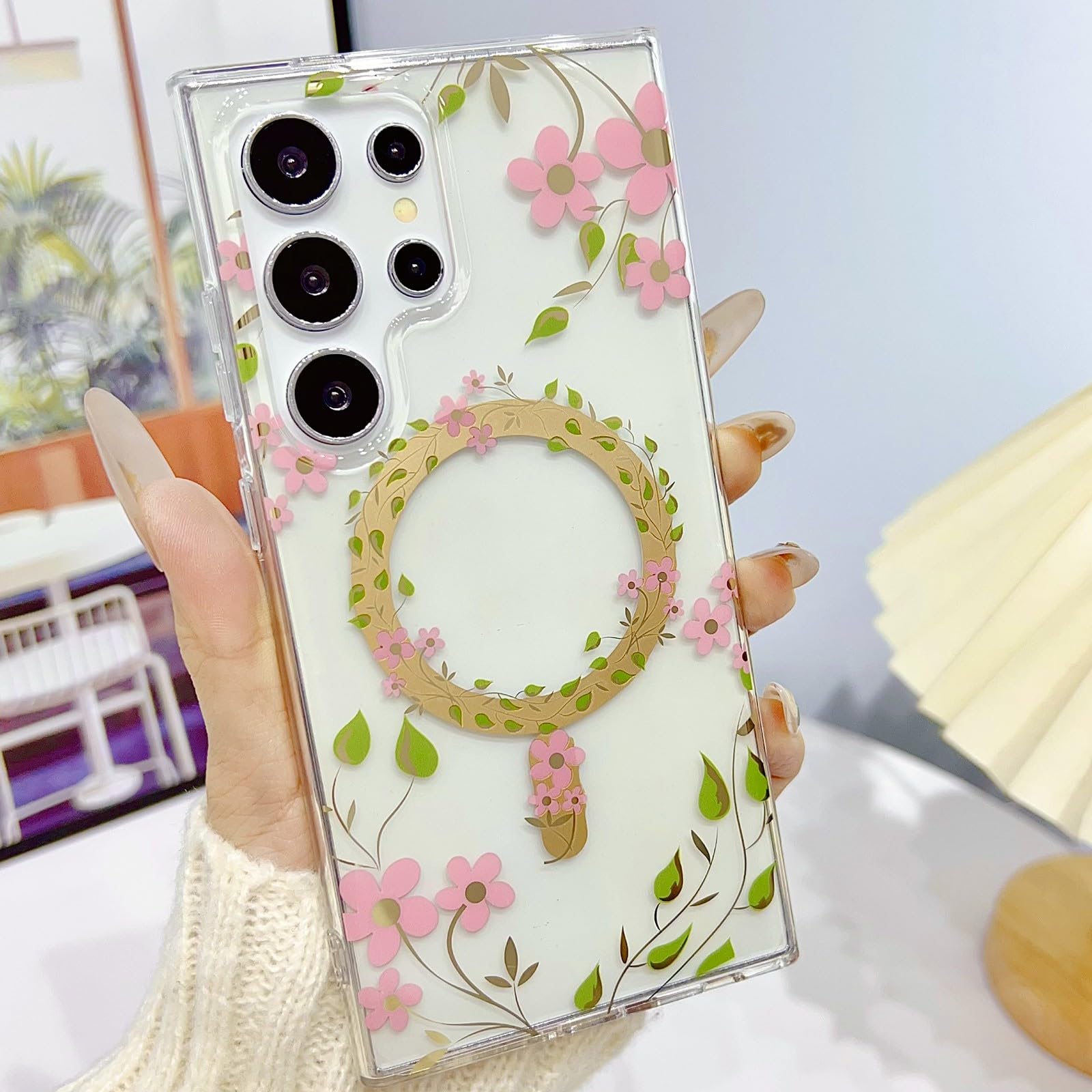 Coque Samsung S25 FE magnétique fleur rose rigide antichoc
