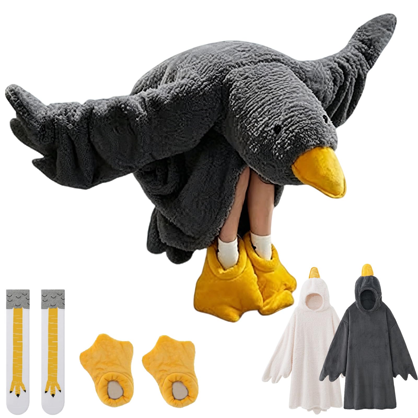Funny Duck Onesie, Duck Pjs, Wearable Goose Blanket Hoodie for Adults and Kids, Oversized Warm Cozy Sleepwear with Feet Slippers, Cozy Fleece Oversized Blanket (Black, M (40-50 kg))