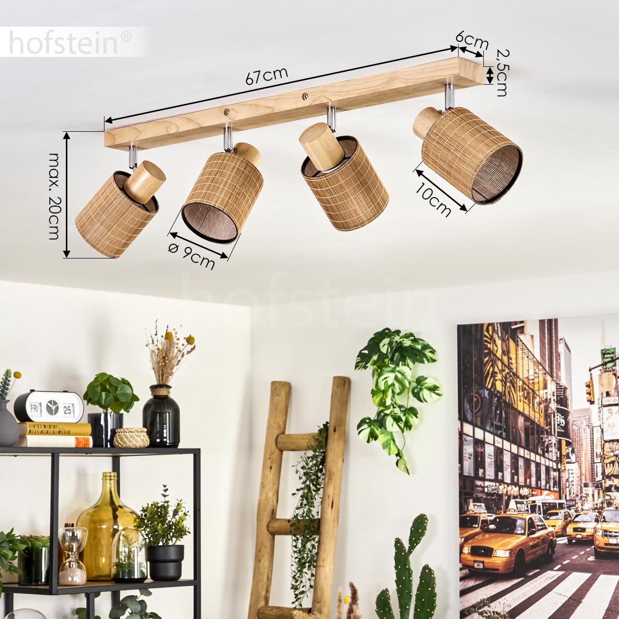 Plafoniera Kinnared, lampada da soffitto moderna in legno/metallo/bambù nei colori naturali/cromati/marrone, lampada a 4 luci dal design scandinavo con faretti regolabili, 4 x E14, senza lampadine