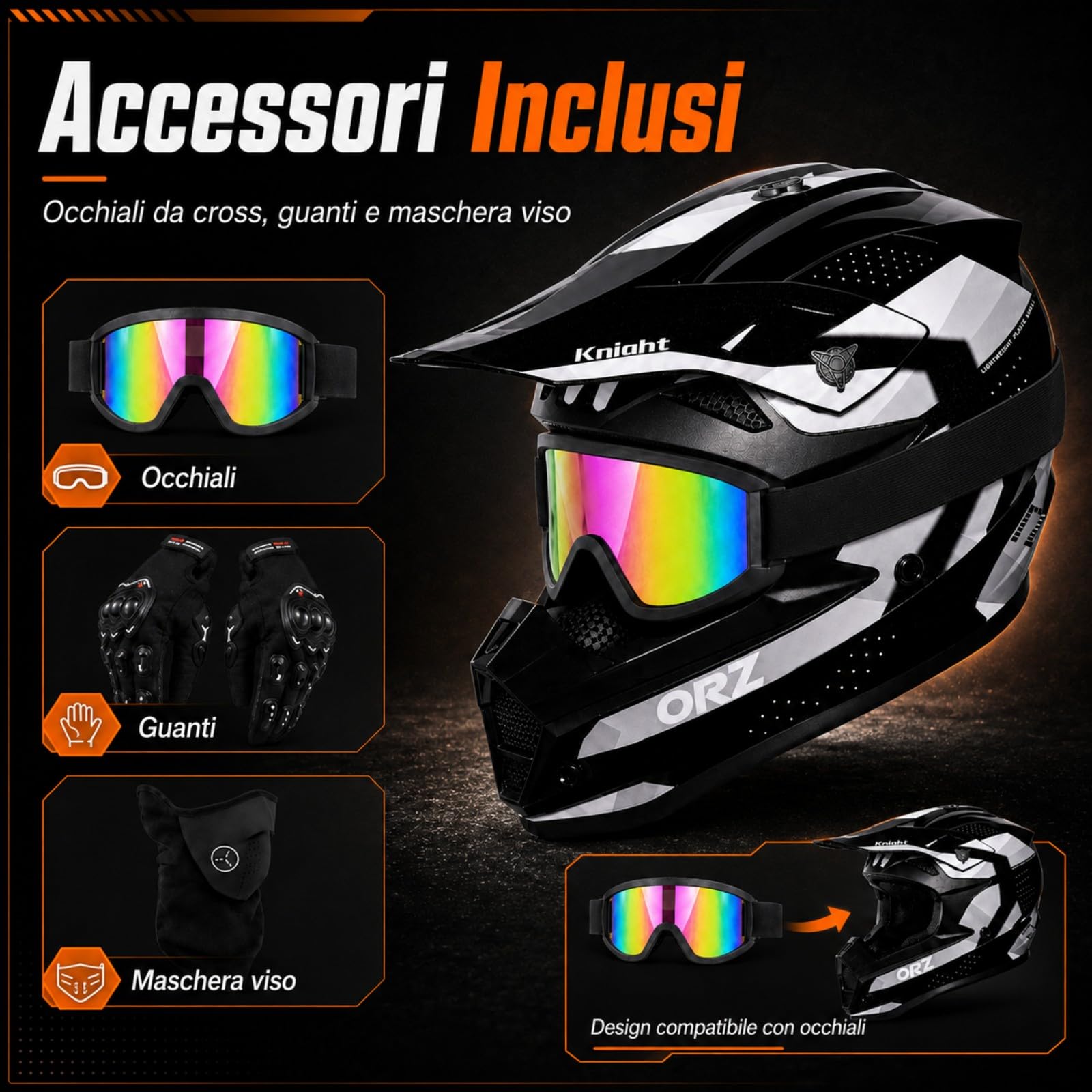 Casco Integrale MTB BMX nero e bianco con Occhiali e Guanti