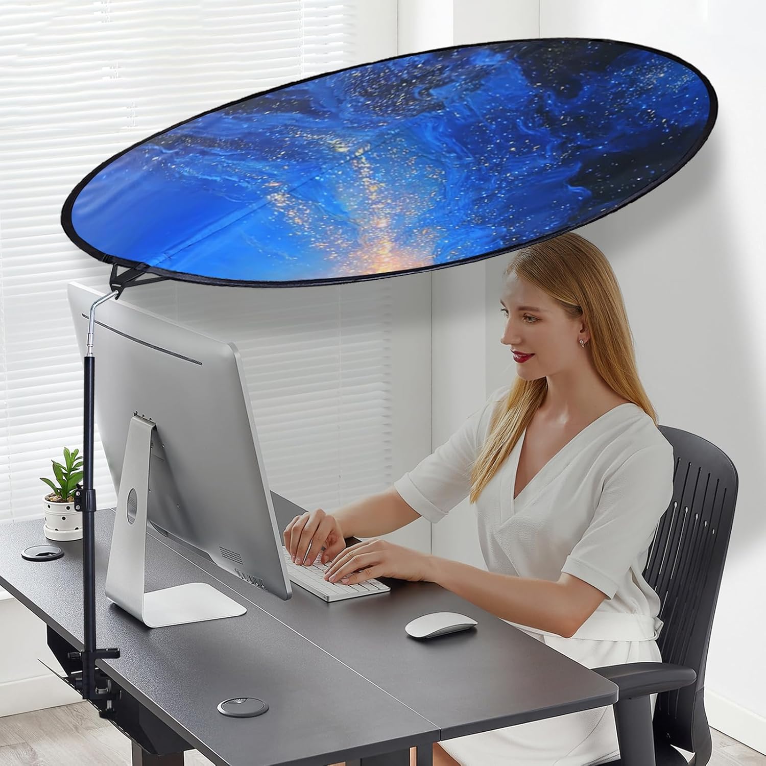 Office Cubicle and Desk Shade - Foldable 48" Circular Shading, Light-Proof Desk Canopy，Light Shade with Clamp and Rotatable Rod, Designed for Light Sensitive Workers