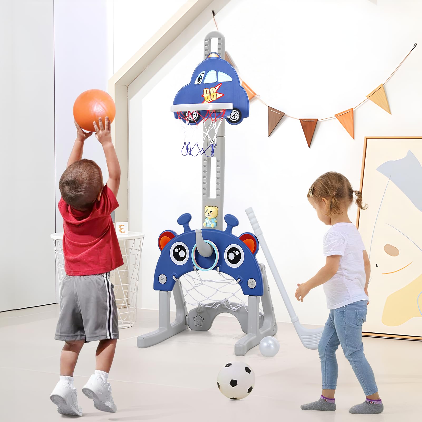 5 in 1 Basketball Hoop and Stand for Kids Height Adjustable With Football Goal, Golf, Ring Toss, Story Player, Indoor Outdoor Toddler Sports Set, Basketball Hoop Set for Children 3 4 5 6 7 8 Years Old