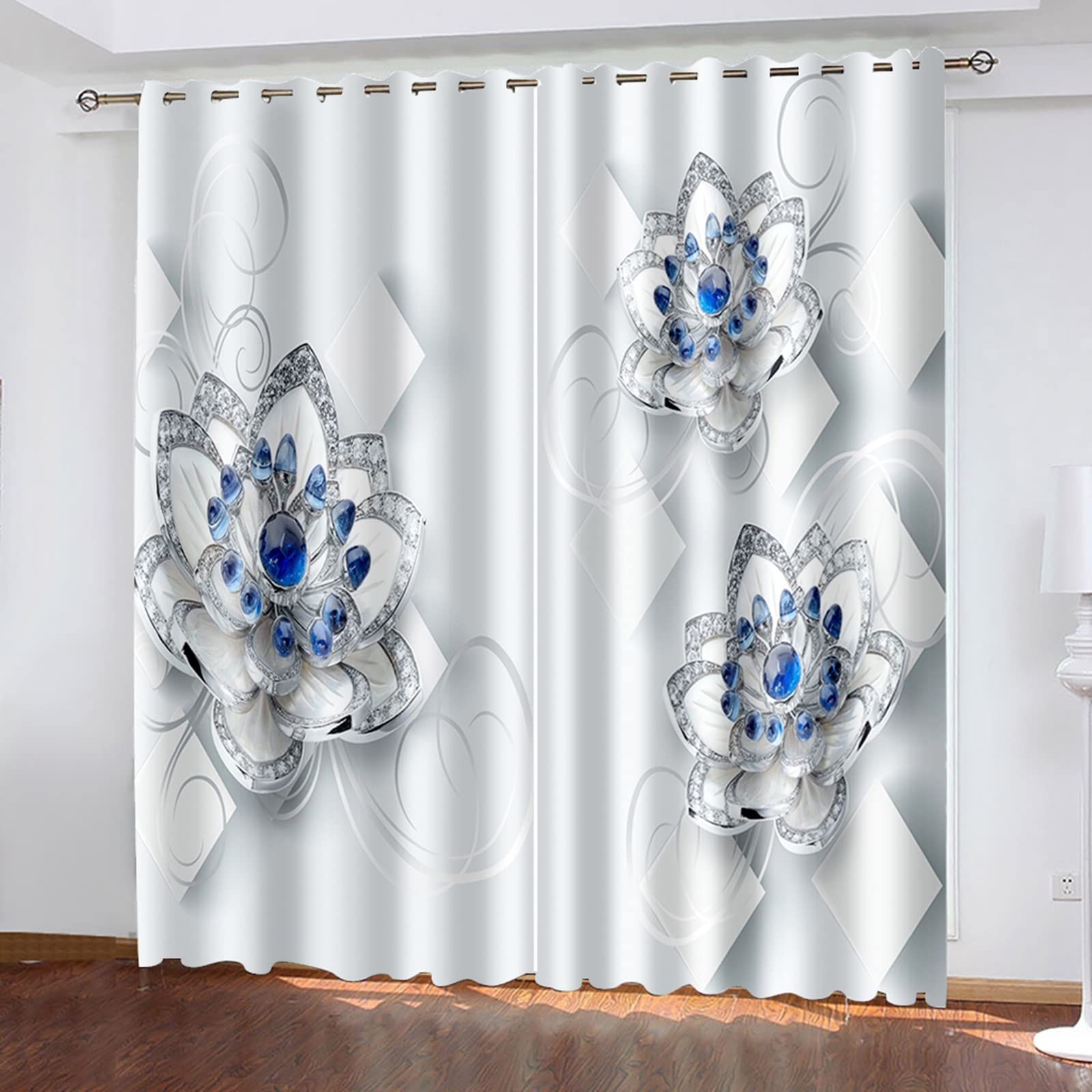 White Blue Darkening Curtains for Bedroom, Curtains for Bedroom Diamond Gem Lotus Flower Polyester Curtains 104" Wx45 H