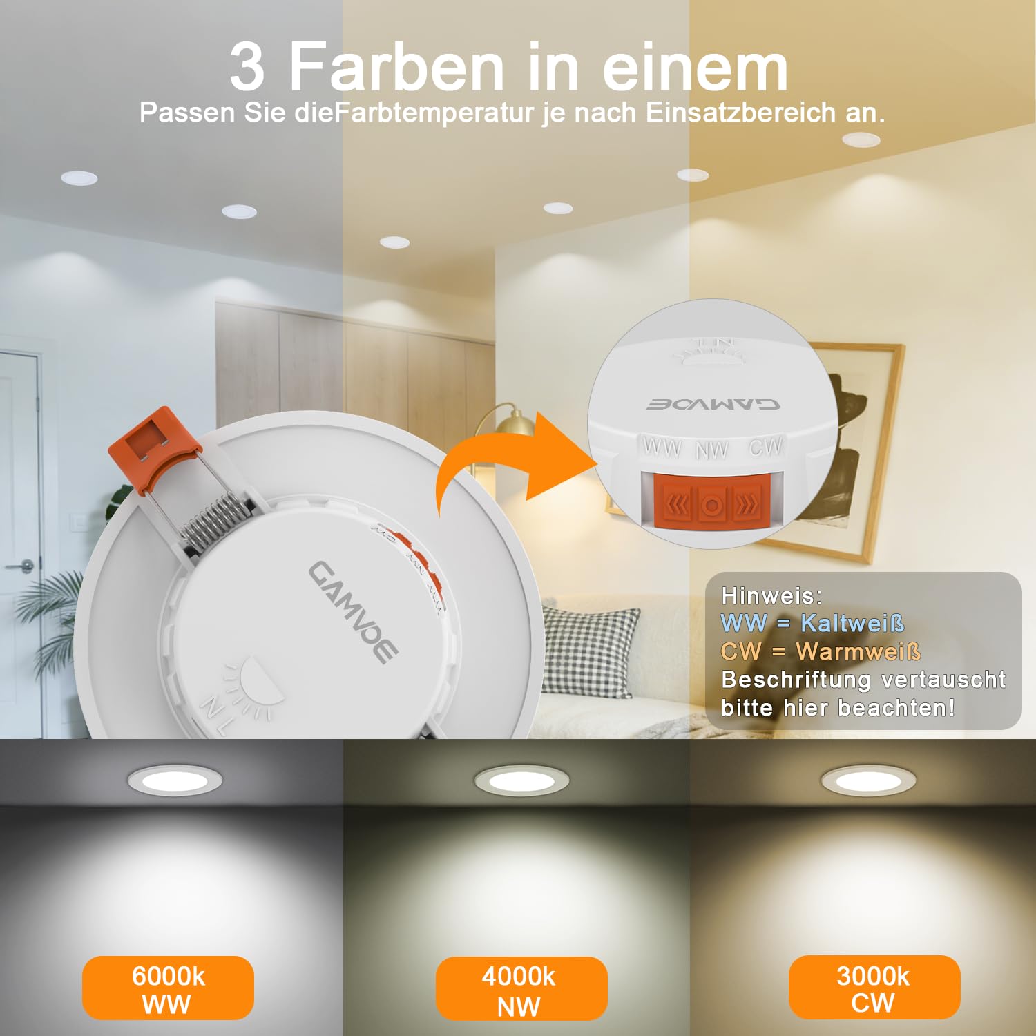 Einbaustrahler LED,GAMVOE LED Spots 230v 6W 3CCT 2700K/4000K/6000K Verstellbar,Spots Deckenleuchte Schnittdurchmesser 67-99mm,Nicht Dimmbare Ultra-slim Spot für Küche Und Wohnzimmer(6er Packung)