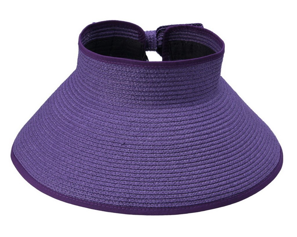 COMVIP Adult Wide Brim Beach Sun Hat Bowknot Straw Visor Cap Purple