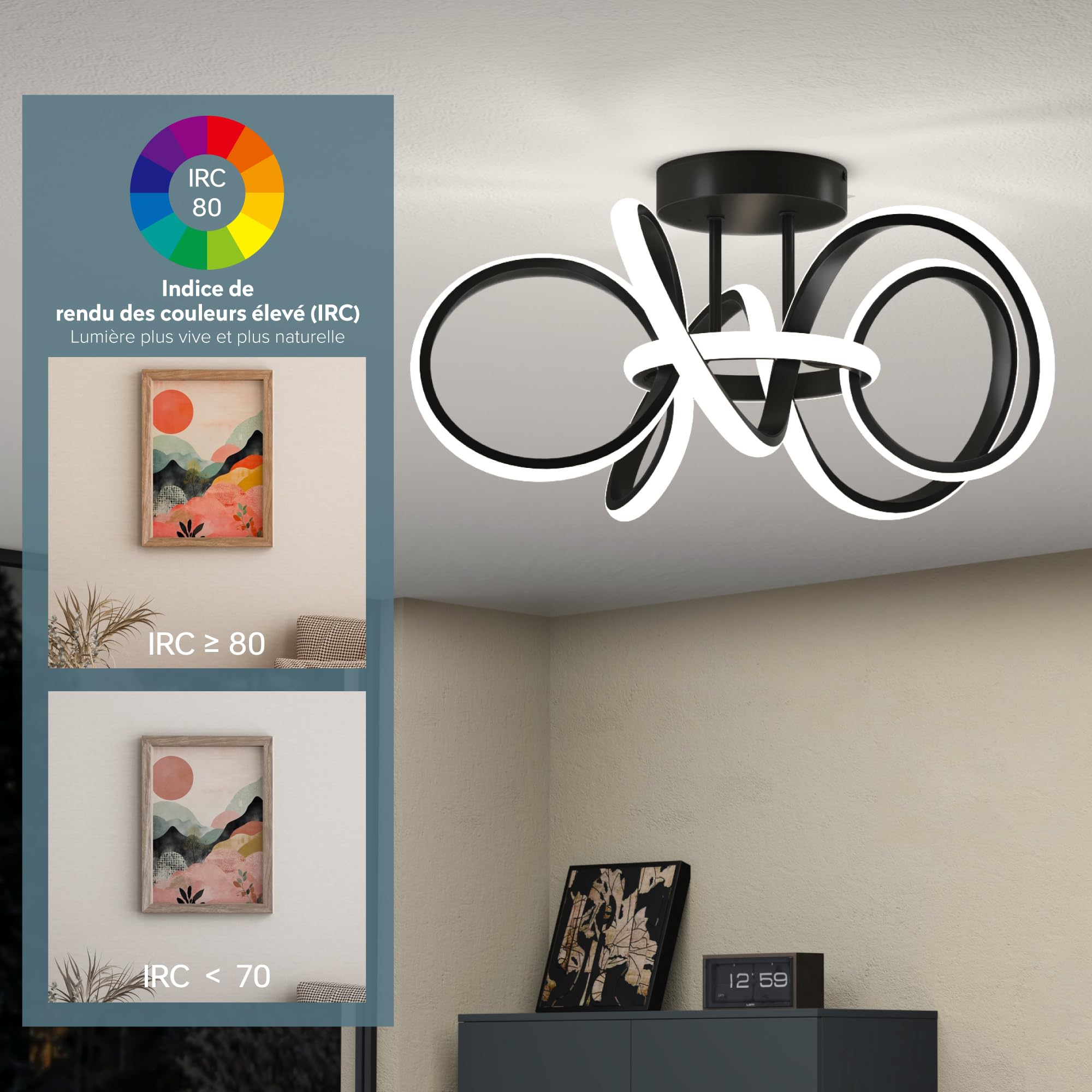 doporro Plafonnier LED Dimmable Lampe Plafond Noir 65W 3740LM Éclairage de Plafond Luminaires Intérieur Couloir Salle de Bain Cuisine 3000K-6400K avec Télécommande Alivetta25035